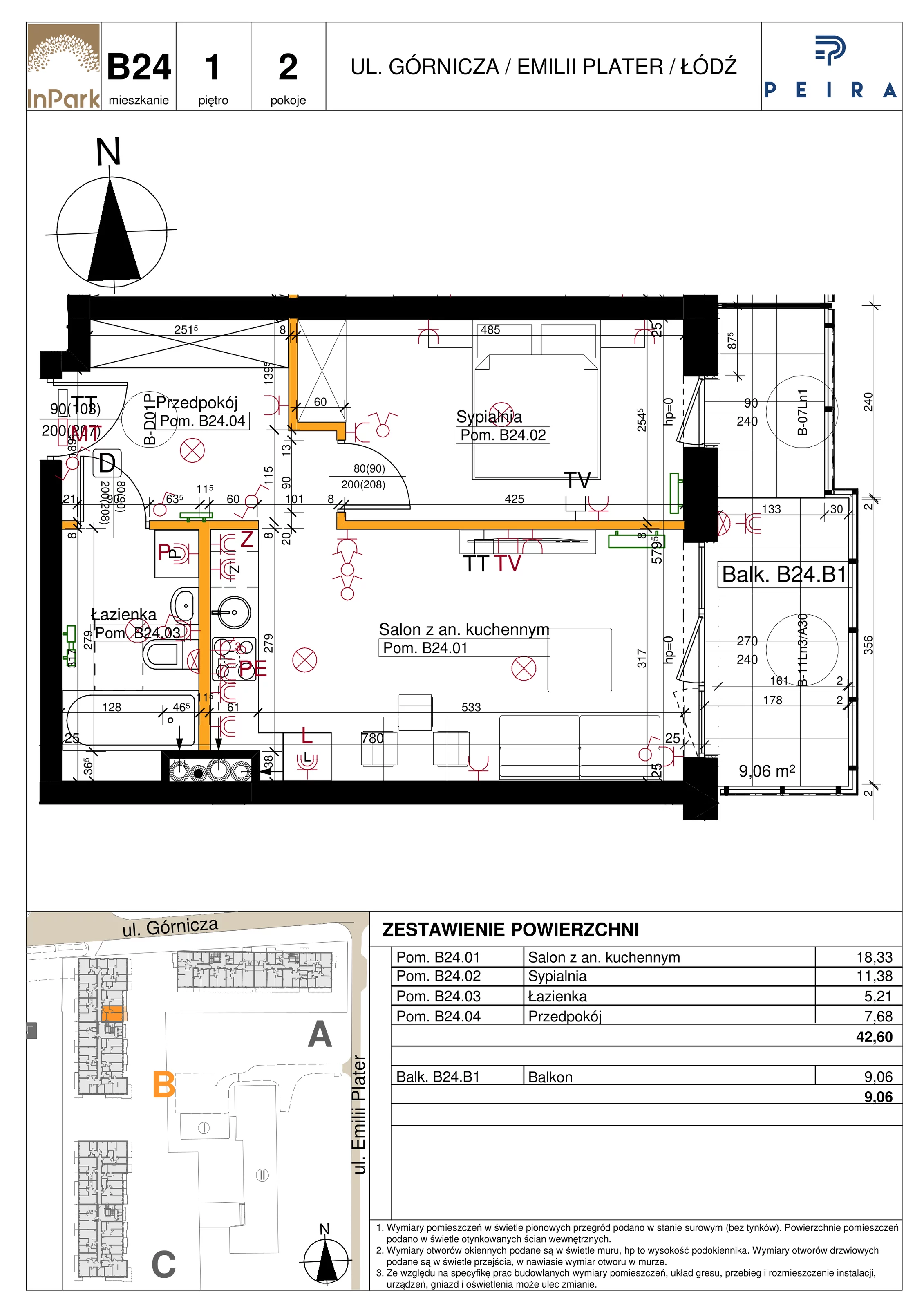 Mieszkanie 42,60 m², piętro 1, oferta nr 64_B24, InPark, Łódź, Bałuty, ul. Emilii Plater / ul. Górnicza