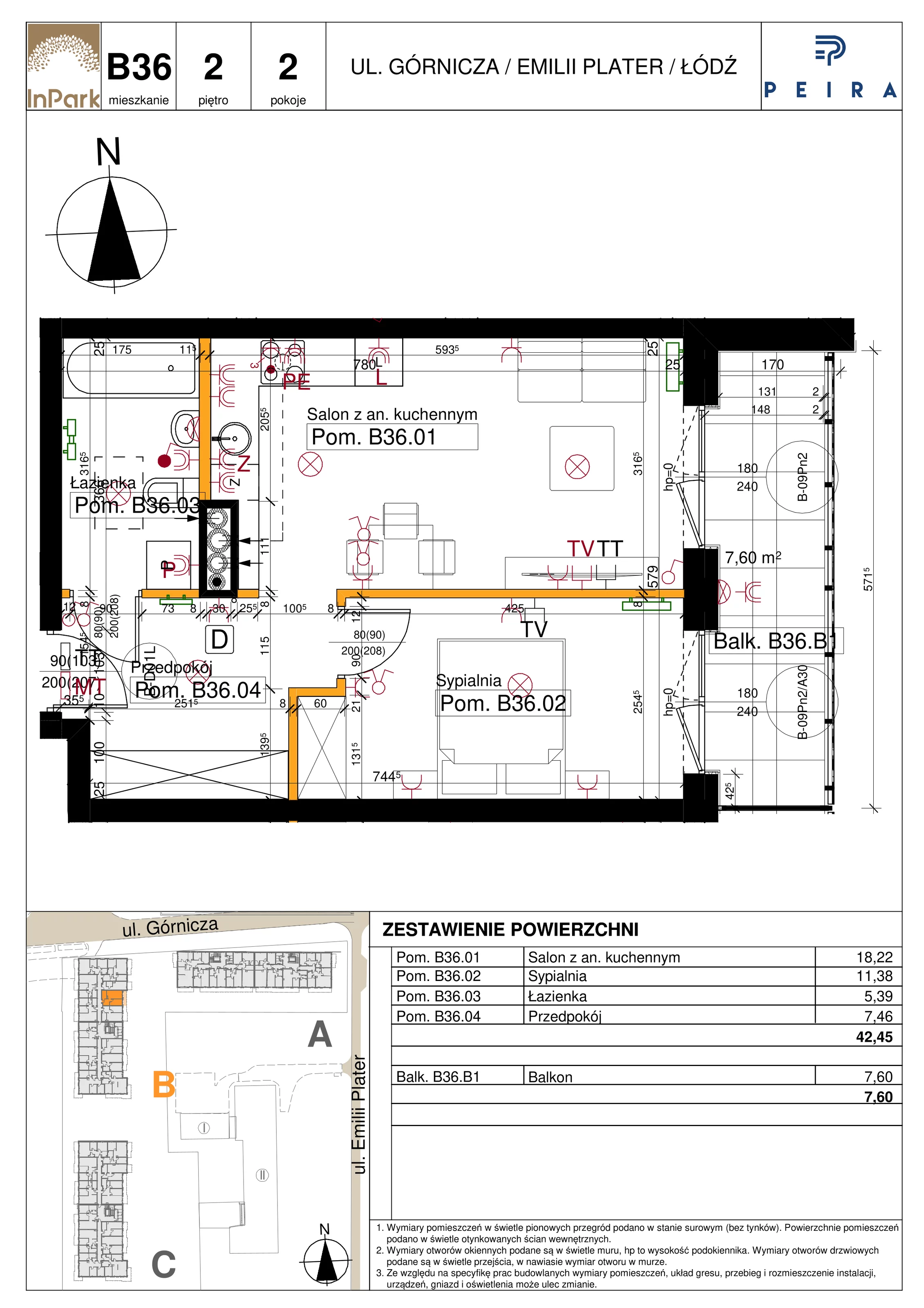 Mieszkanie 42,45 m², piętro 2, oferta nr 76_B36, InPark, Łódź, Bałuty, ul. Emilii Plater / ul. Górnicza