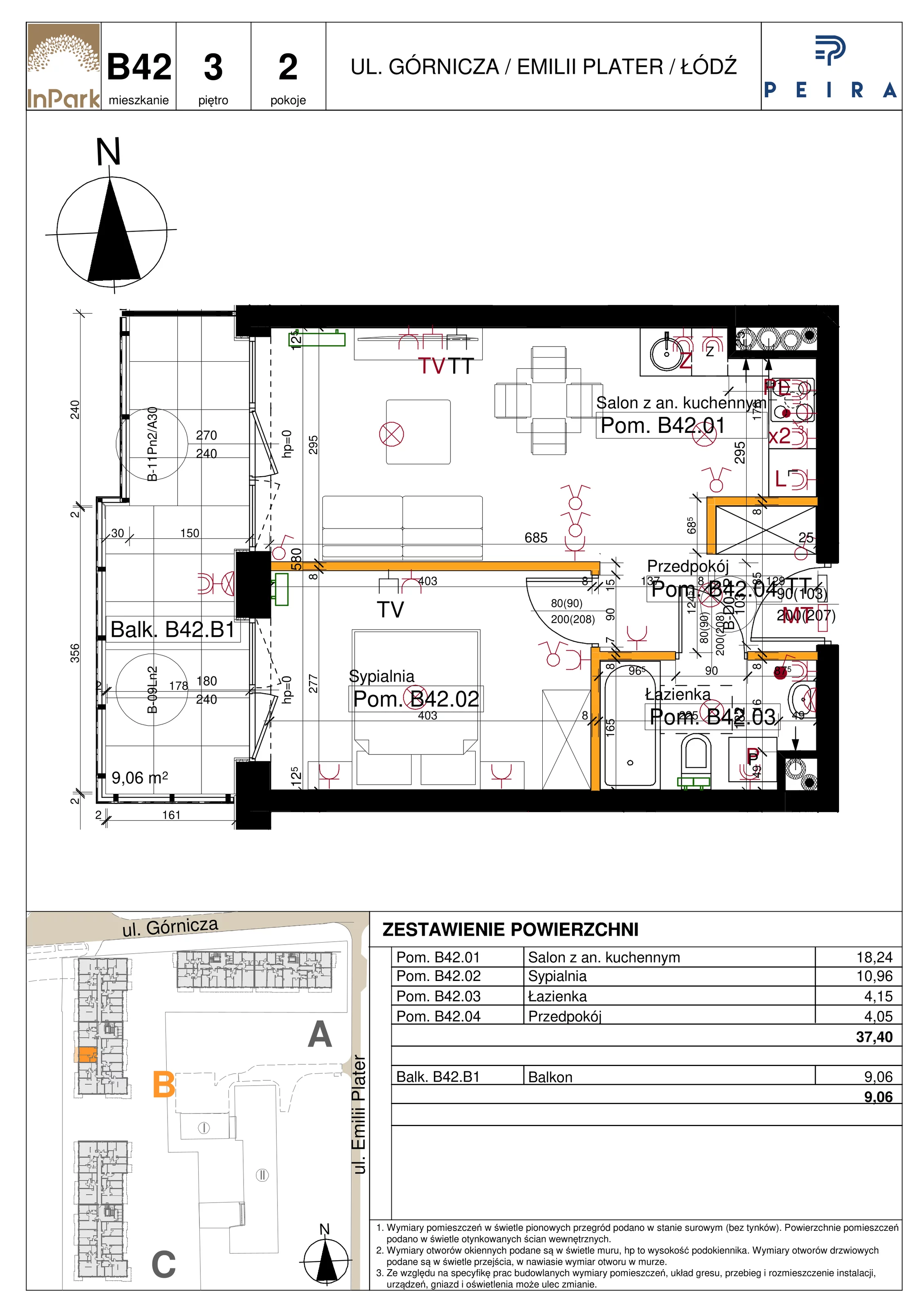 Mieszkanie 37,40 m², piętro 3, oferta nr 82_B42, InPark, Łódź, Bałuty, ul. Emilii Plater / ul. Górnicza