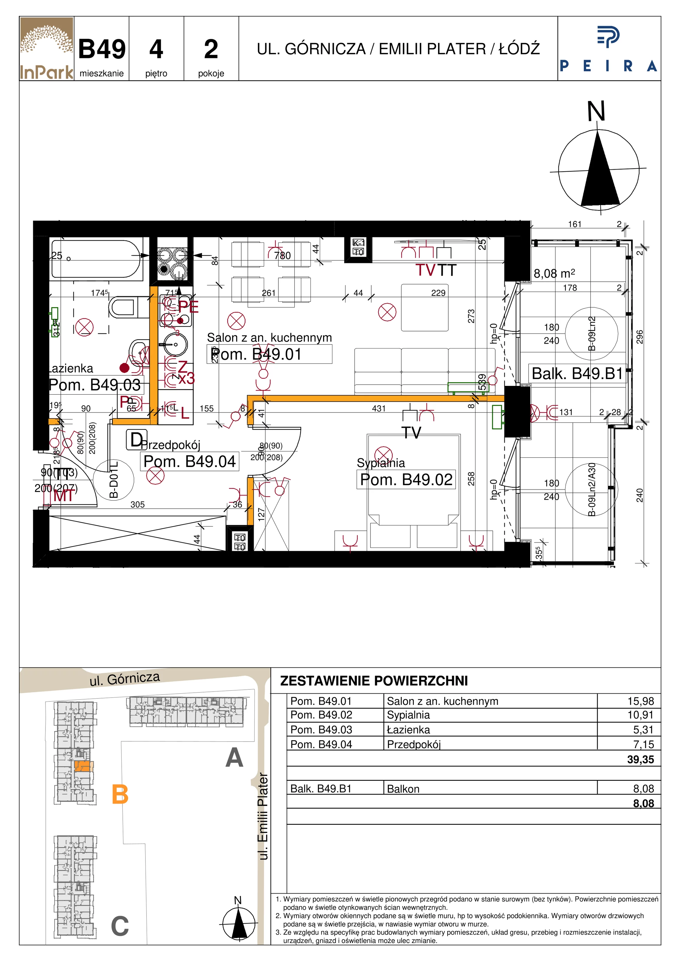 Mieszkanie 39,35 m², piętro 4, oferta nr 89_B49, InPark, Łódź, Bałuty, ul. Emilii Plater / ul. Górnicza