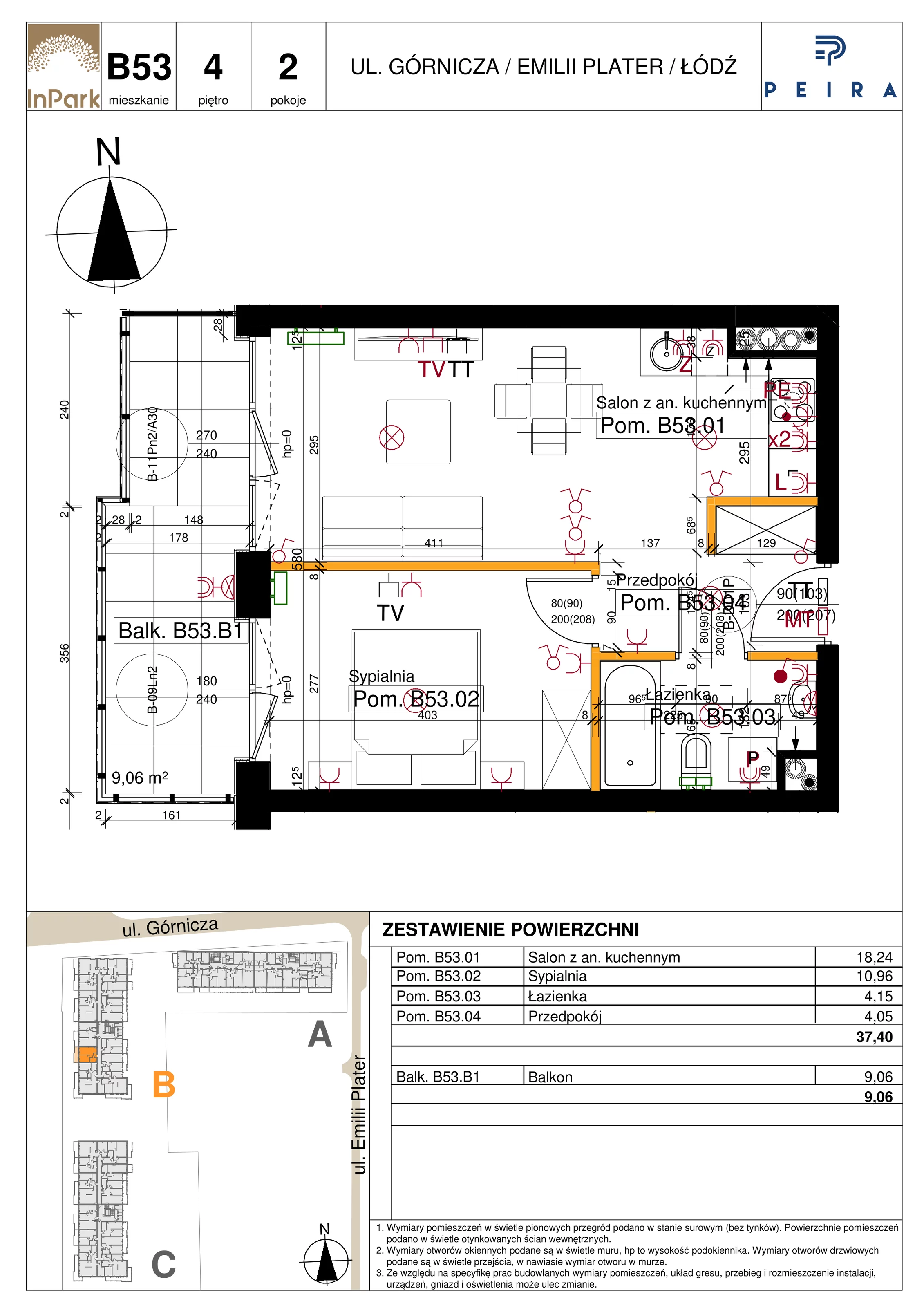 Mieszkanie 37,40 m², piętro 4, oferta nr 93_B53, InPark, Łódź, Bałuty, ul. Emilii Plater / ul. Górnicza