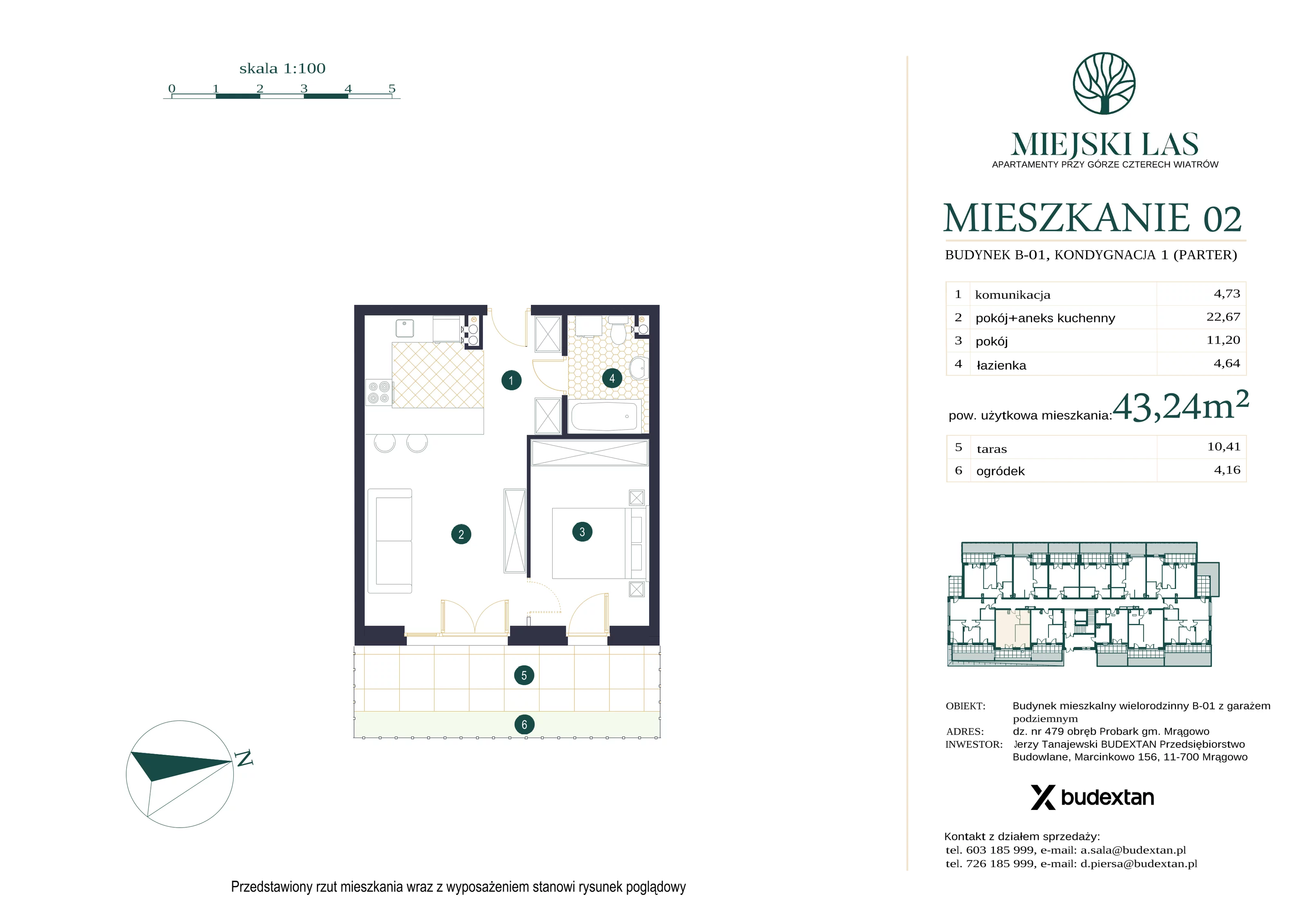 Mieszkanie 43,24 m², parter, oferta nr M2, Miejski Las, Mrągowo, ul. Marcinkowo 156