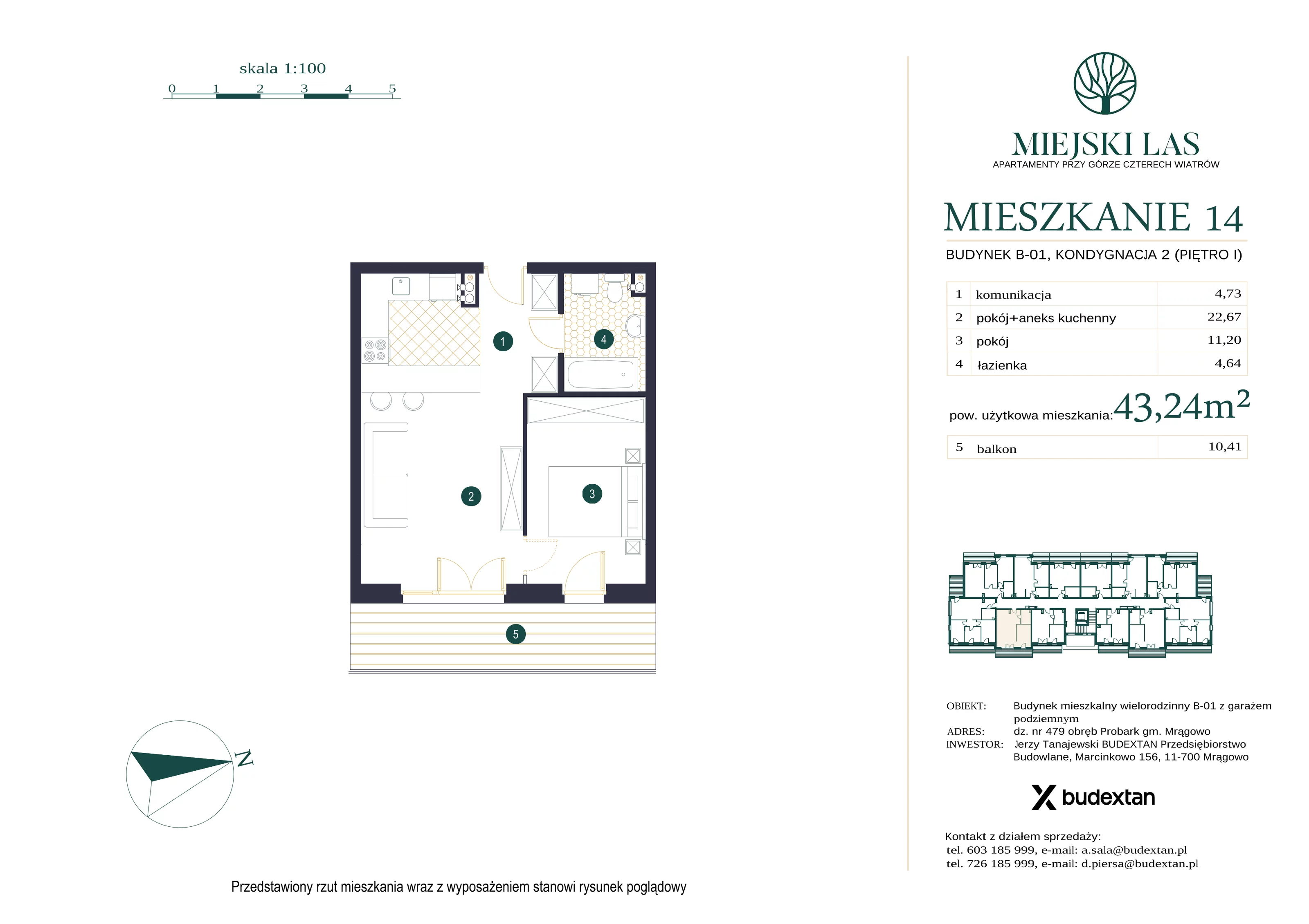 Mieszkanie 43,24 m², piętro 1, oferta nr M14, Miejski Las, Mrągowo, ul. Marcinkowo 156