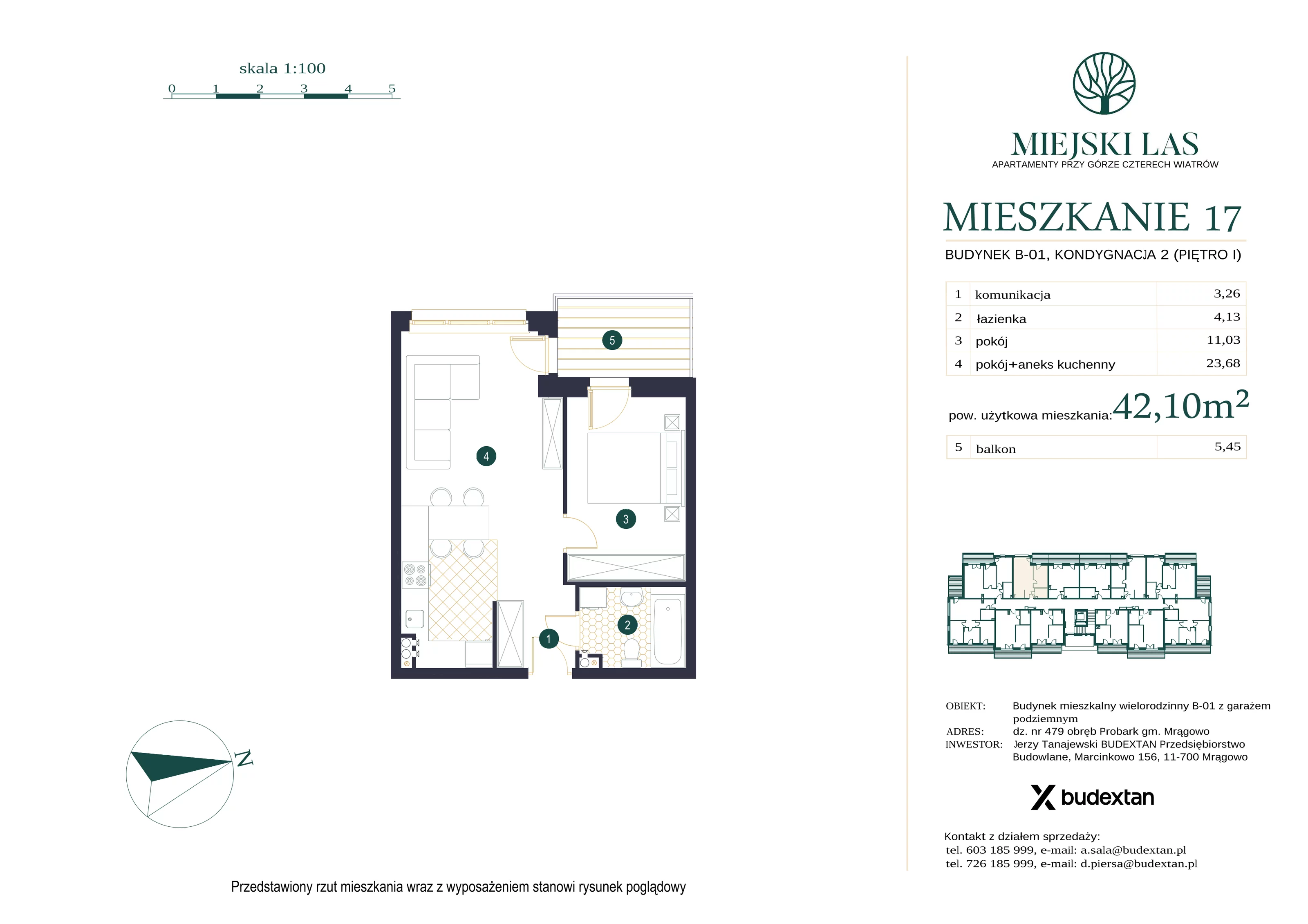 Mieszkanie 42,10 m², piętro 1, oferta nr M17, Miejski Las, Mrągowo, ul. Marcinkowo 156