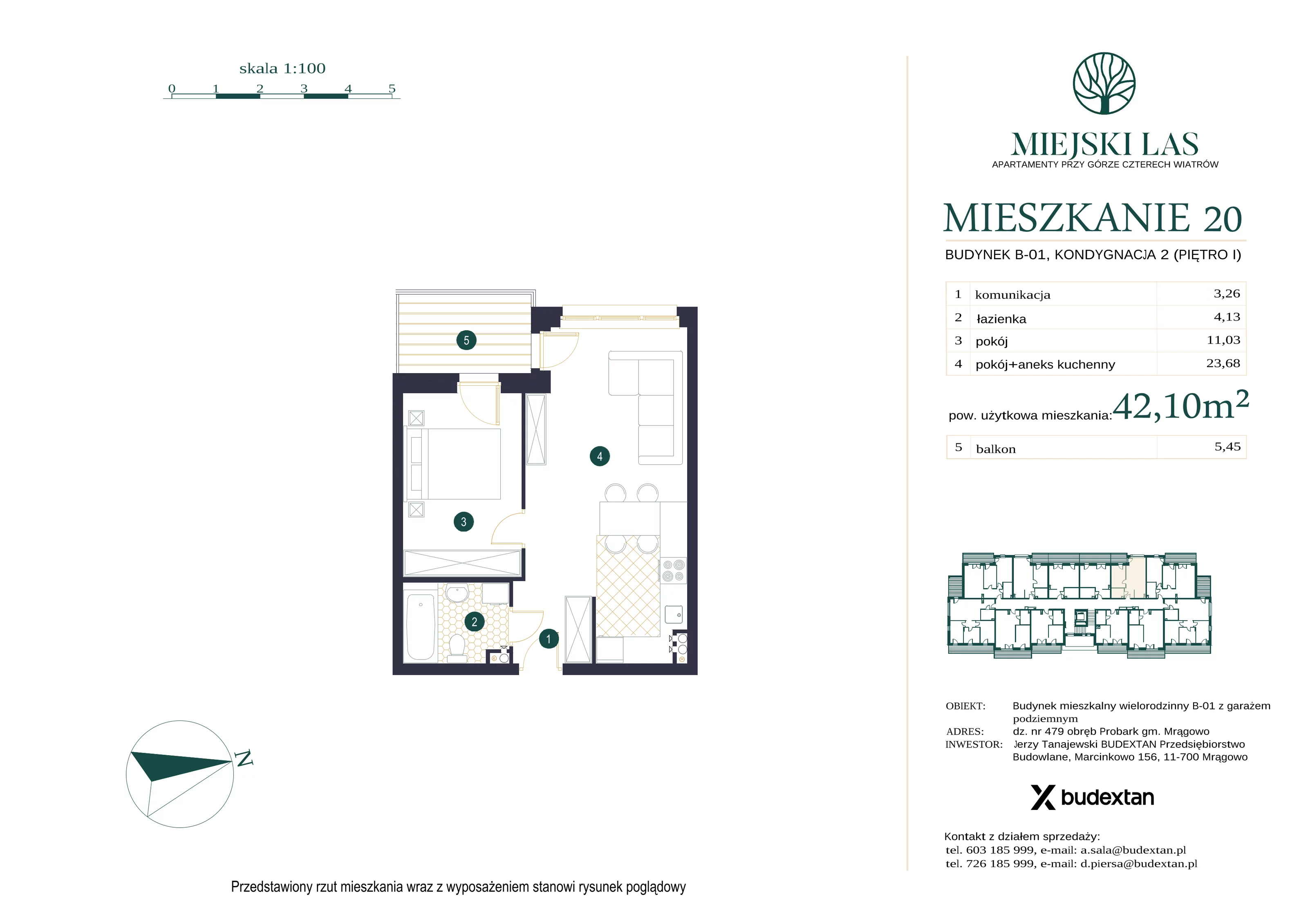 Mieszkanie 42,10 m², piętro 1, oferta nr M20, Miejski Las, Mrągowo, ul. Marcinkowo 156