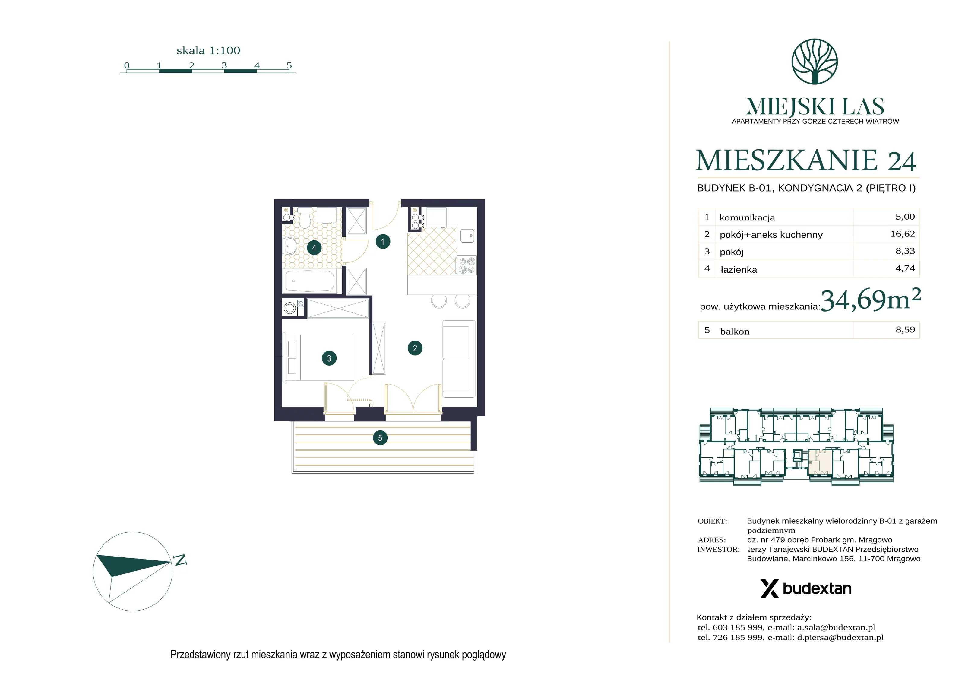 Mieszkanie 34,69 m², piętro 1, oferta nr M24, Miejski Las, Mrągowo, ul. Marcinkowo 156