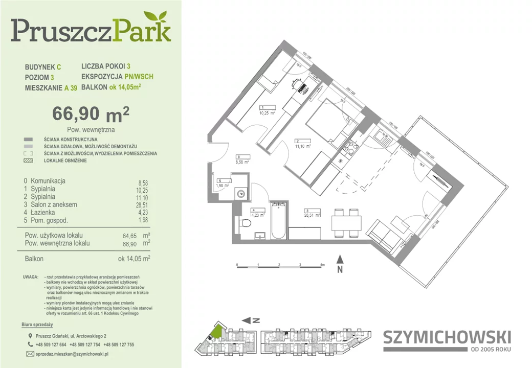 Mieszkanie 66,90 m², piętro 3, oferta nr 3-A-39, Pruszcz Park, Pruszcz Gdański, ul. Arctowskiego 