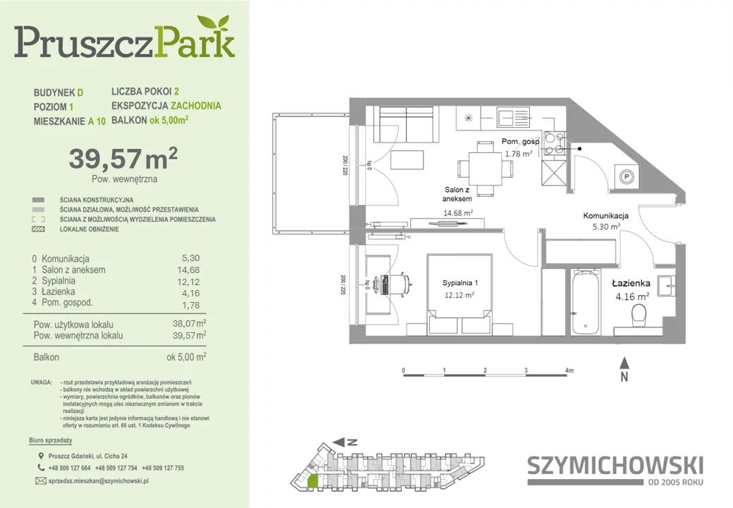 Mieszkanie 39,57 m², piętro 1, oferta nr D-A-10, Pruszcz Park, Pruszcz Gdański, ul. Arctowskiego 