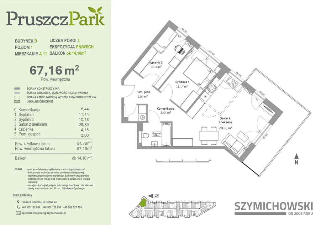 Mieszkanie 67,16 m², piętro 1, oferta nr D-A-11, Pruszcz Park, Pruszcz Gdański, ul. Arctowskiego 