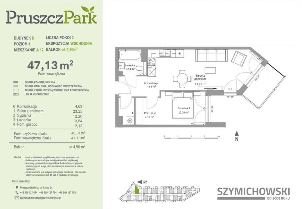 Mieszkanie 47,13 m², piętro 1, oferta nr D-A-12, Pruszcz Park, Pruszcz Gdański, ul. Arctowskiego 