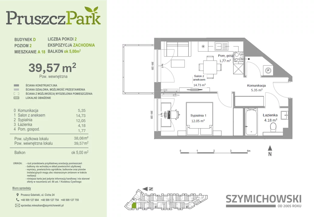 Mieszkanie 39,57 m², piętro 2, oferta nr D-A-18, Pruszcz Park, Pruszcz Gdański, ul. Arctowskiego 