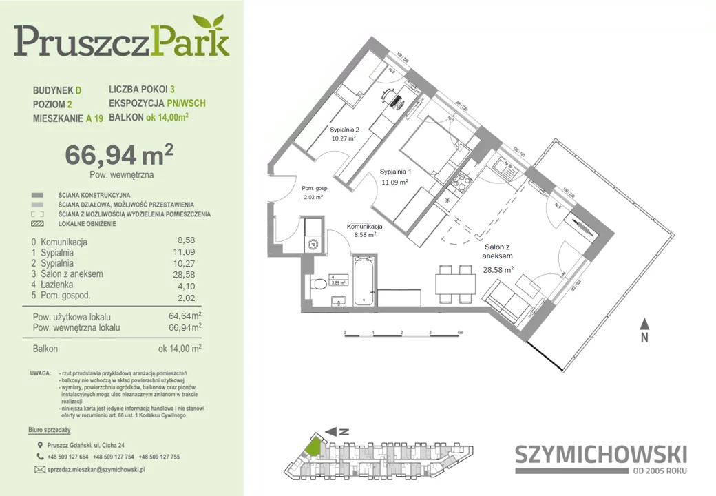 Mieszkanie 66,94 m², piętro 2, oferta nr D-A-19, Pruszcz Park, Pruszcz Gdański, ul. Arctowskiego 