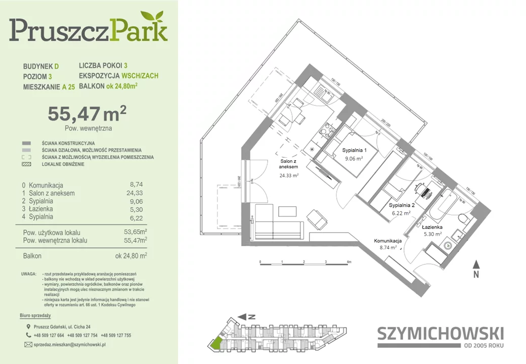 Mieszkanie 55,47 m², piętro 3, oferta nr D-A-25, Pruszcz Park, Pruszcz Gdański, ul. Arctowskiego 