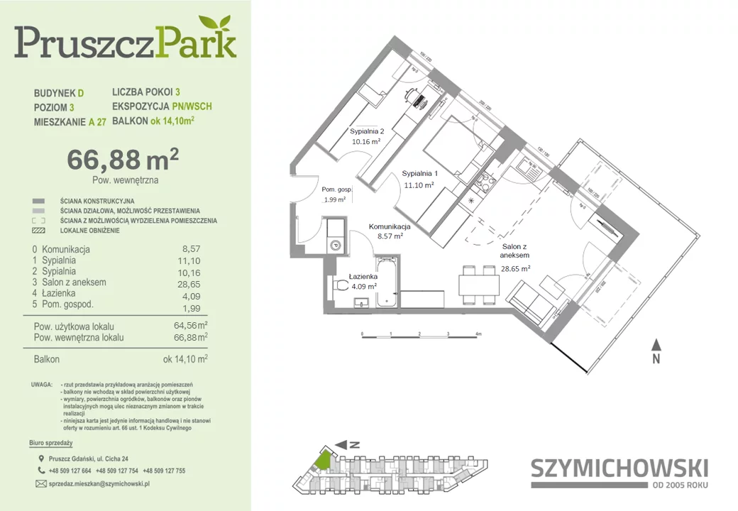 Mieszkanie 66,88 m², piętro 3, oferta nr D-A-27, Pruszcz Park, Pruszcz Gdański, ul. Arctowskiego 