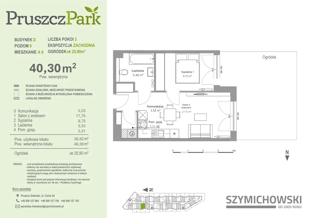 Mieszkanie 40,30 m², parter, oferta nr D-A-6, Pruszcz Park, Pruszcz Gdański, ul. Arctowskiego 