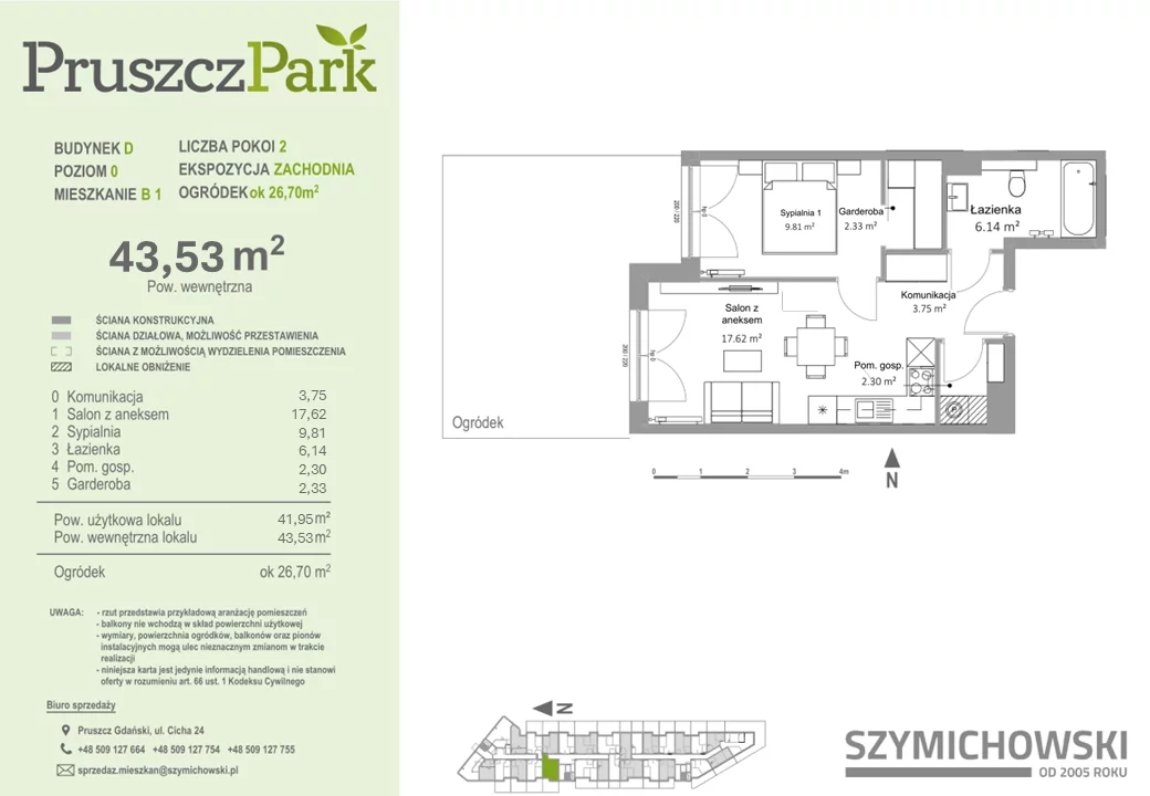 Mieszkanie 43,53 m², parter, oferta nr D-B-1, Pruszcz Park, Pruszcz Gdański, ul. Arctowskiego -idx