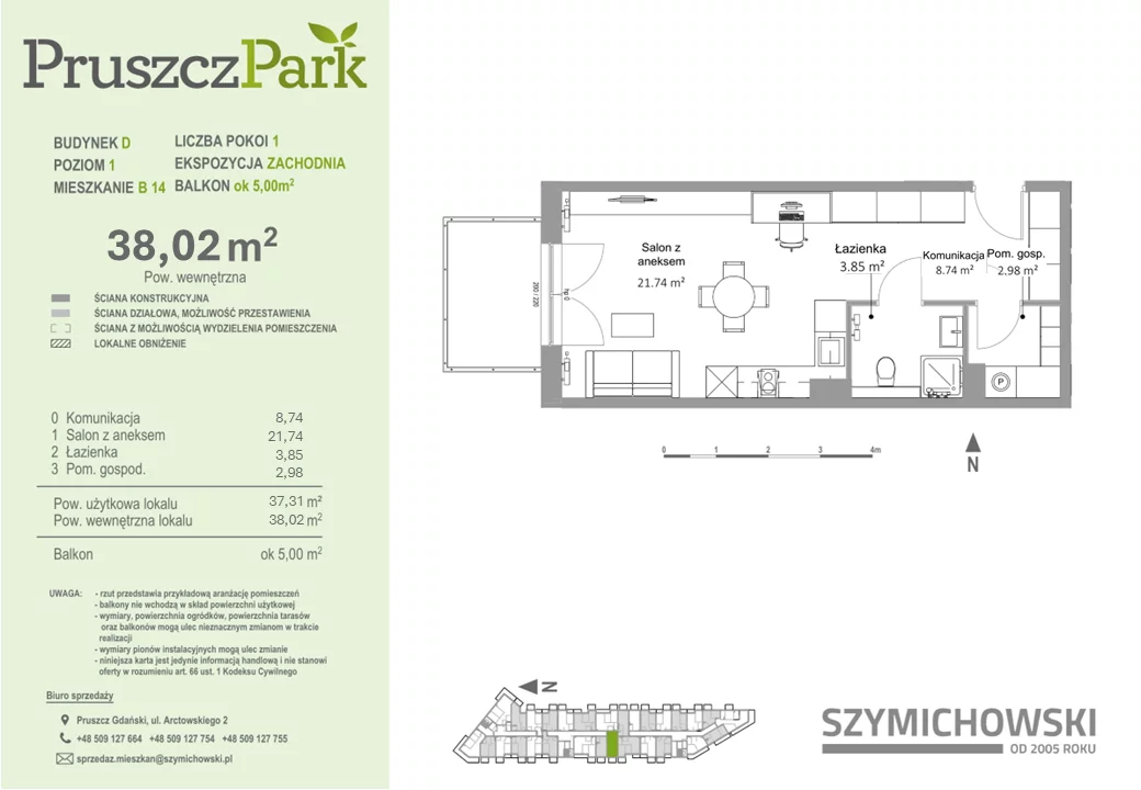 Mieszkanie 38,02 m², piętro 1, oferta nr D-B-14, Pruszcz Park, Pruszcz Gdański, ul. Arctowskiego 