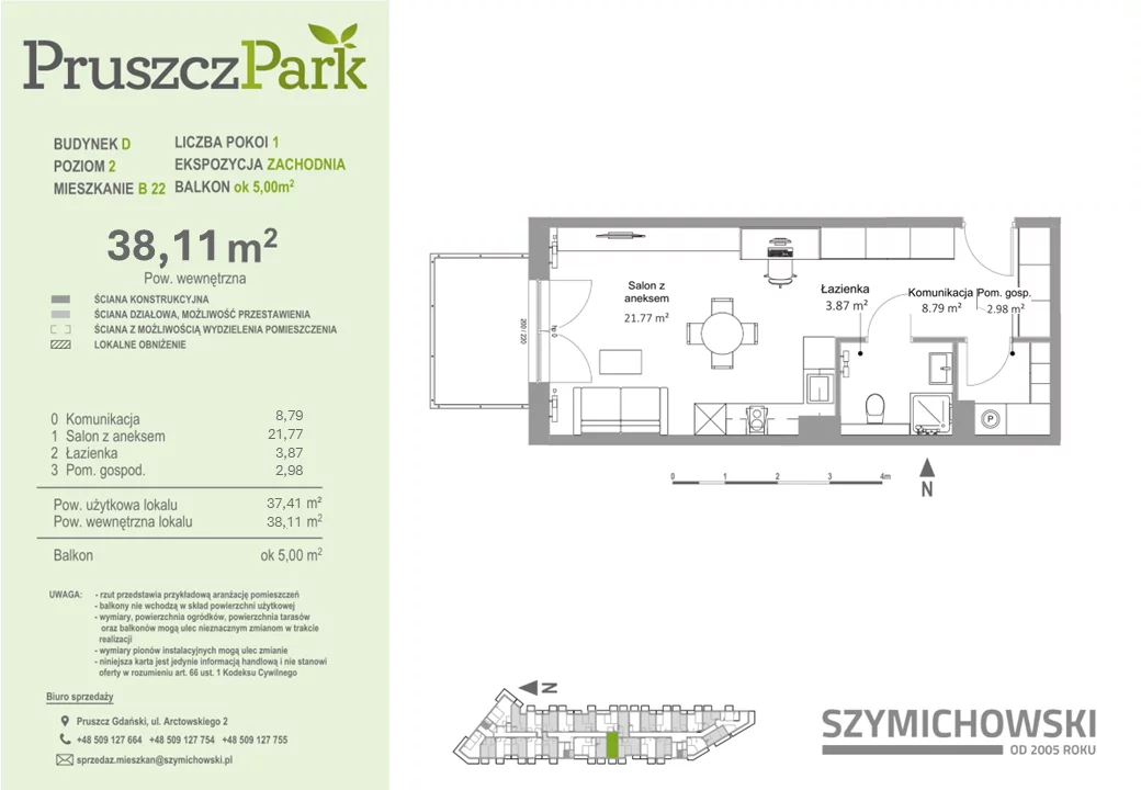 Mieszkanie 38,11 m², piętro 2, oferta nr D-B-22, Pruszcz Park, Pruszcz Gdański, ul. Arctowskiego 