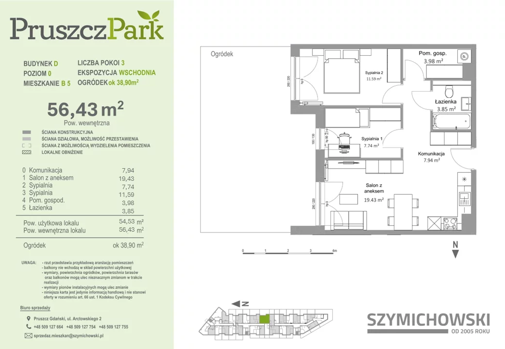 Mieszkanie 56,43 m², parter, oferta nr D-B-5, Pruszcz Park, Pruszcz Gdański, ul. Arctowskiego 