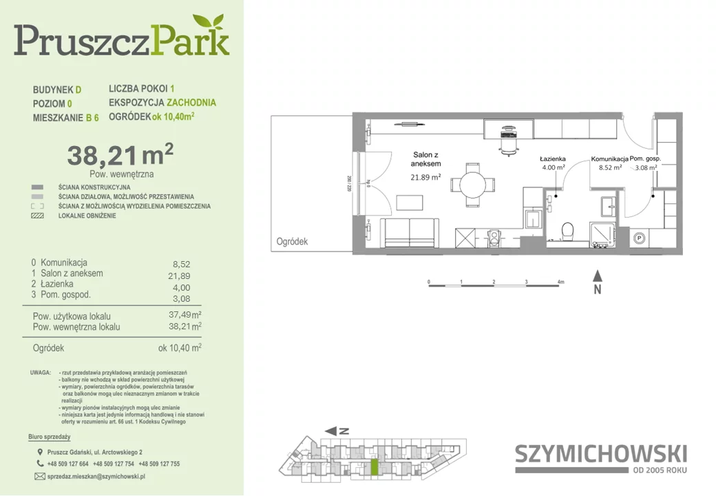 Mieszkanie 38,21 m², parter, oferta nr D-B-6, Pruszcz Park, Pruszcz Gdański, ul. Arctowskiego 