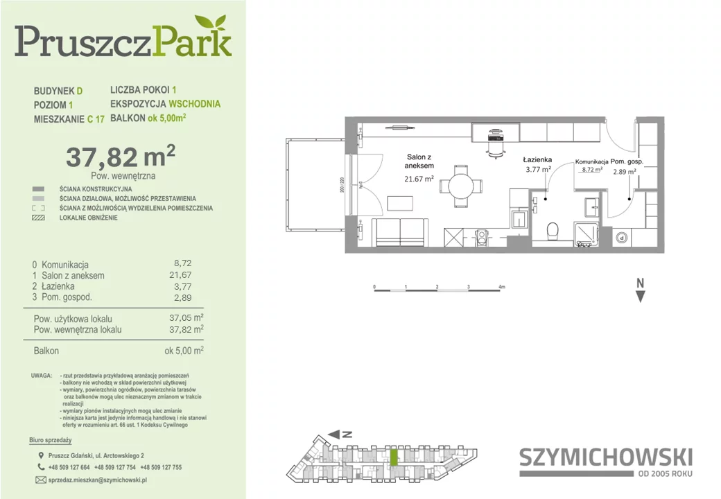 Mieszkanie 37,82 m², piętro 1, oferta nr D-C-17, Pruszcz Park, Pruszcz Gdański, ul. Arctowskiego 