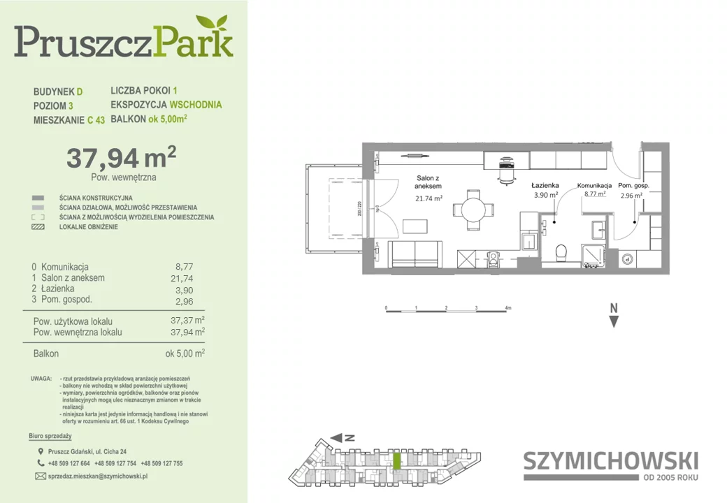 Mieszkanie 37,94 m², piętro 3, oferta nr D-C-43, Pruszcz Park, Pruszcz Gdański, ul. Arctowskiego 