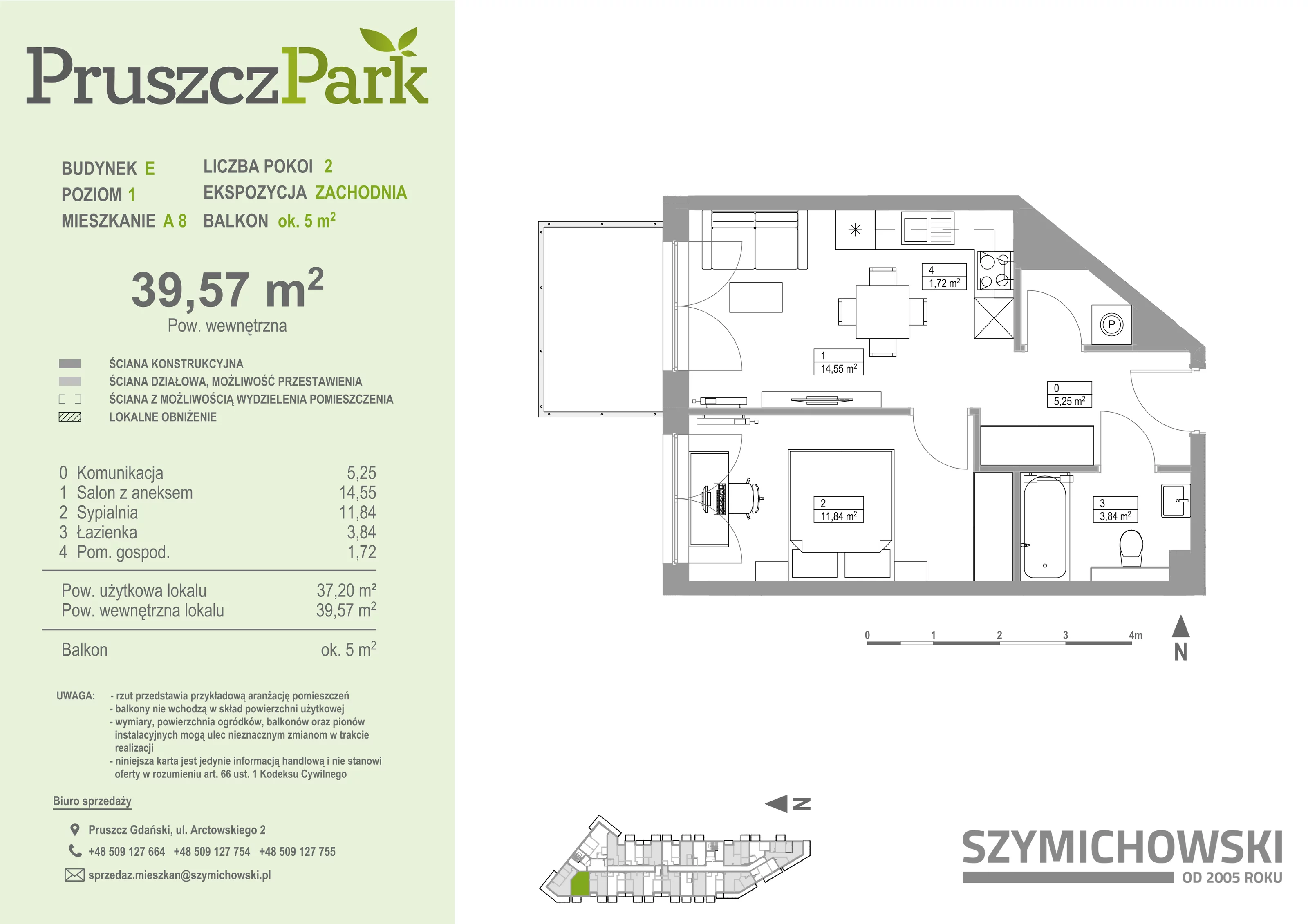 Mieszkanie 39,57 m², piętro 1, oferta nr E-A-8, Pruszcz Park, Pruszcz Gdański, ul. Arctowskiego 