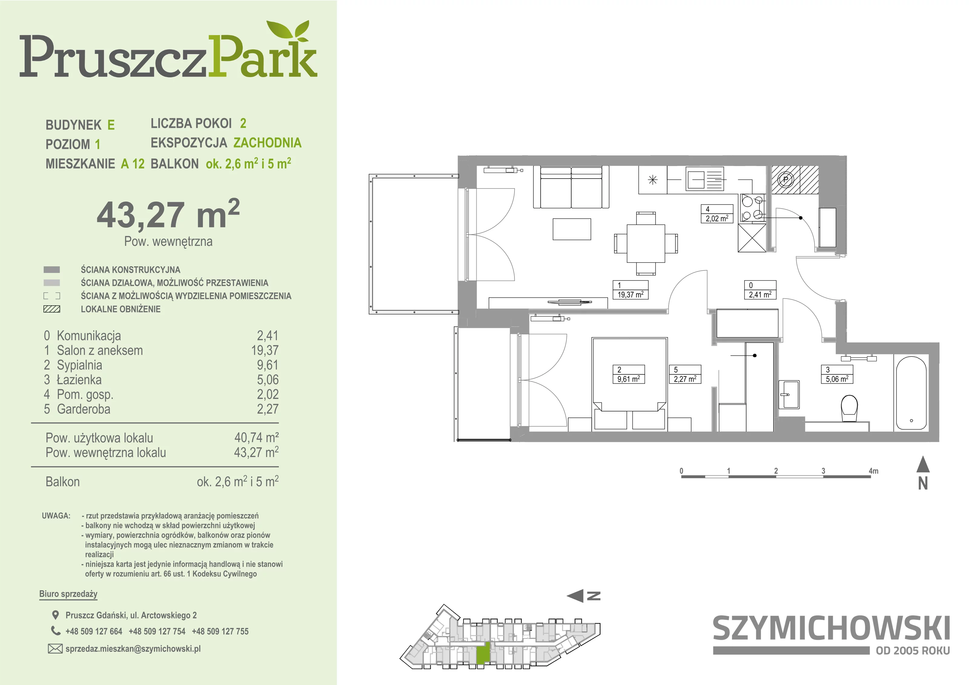 Mieszkanie 43,27 m², piętro 1, oferta nr E-A-12, Pruszcz Park, Pruszcz Gdański, ul. Arctowskiego 