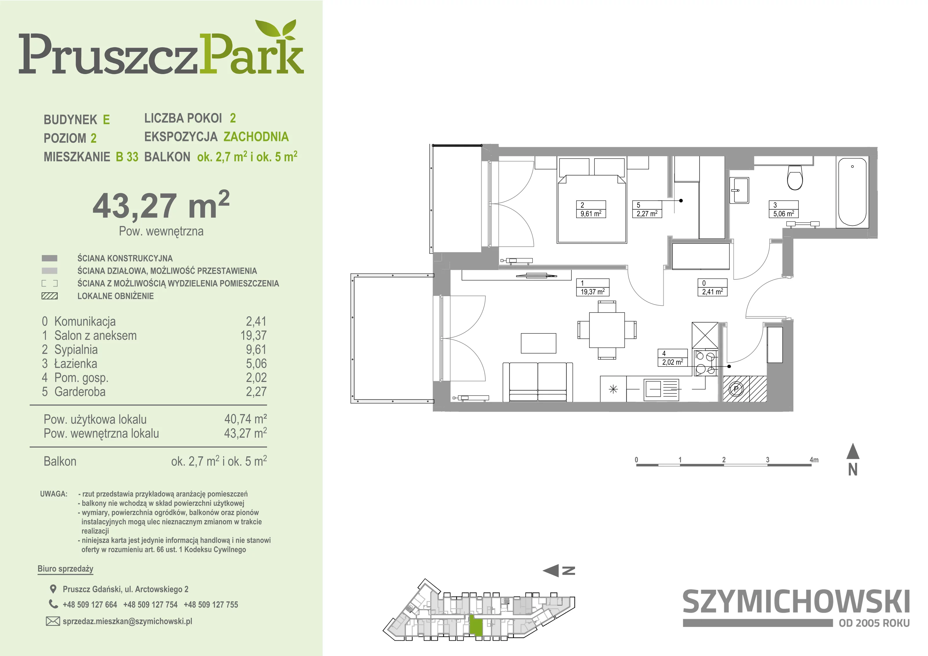 Mieszkanie 43,27 m², piętro 2, oferta nr E-B-33, Pruszcz Park, Pruszcz Gdański, ul. Arctowskiego 