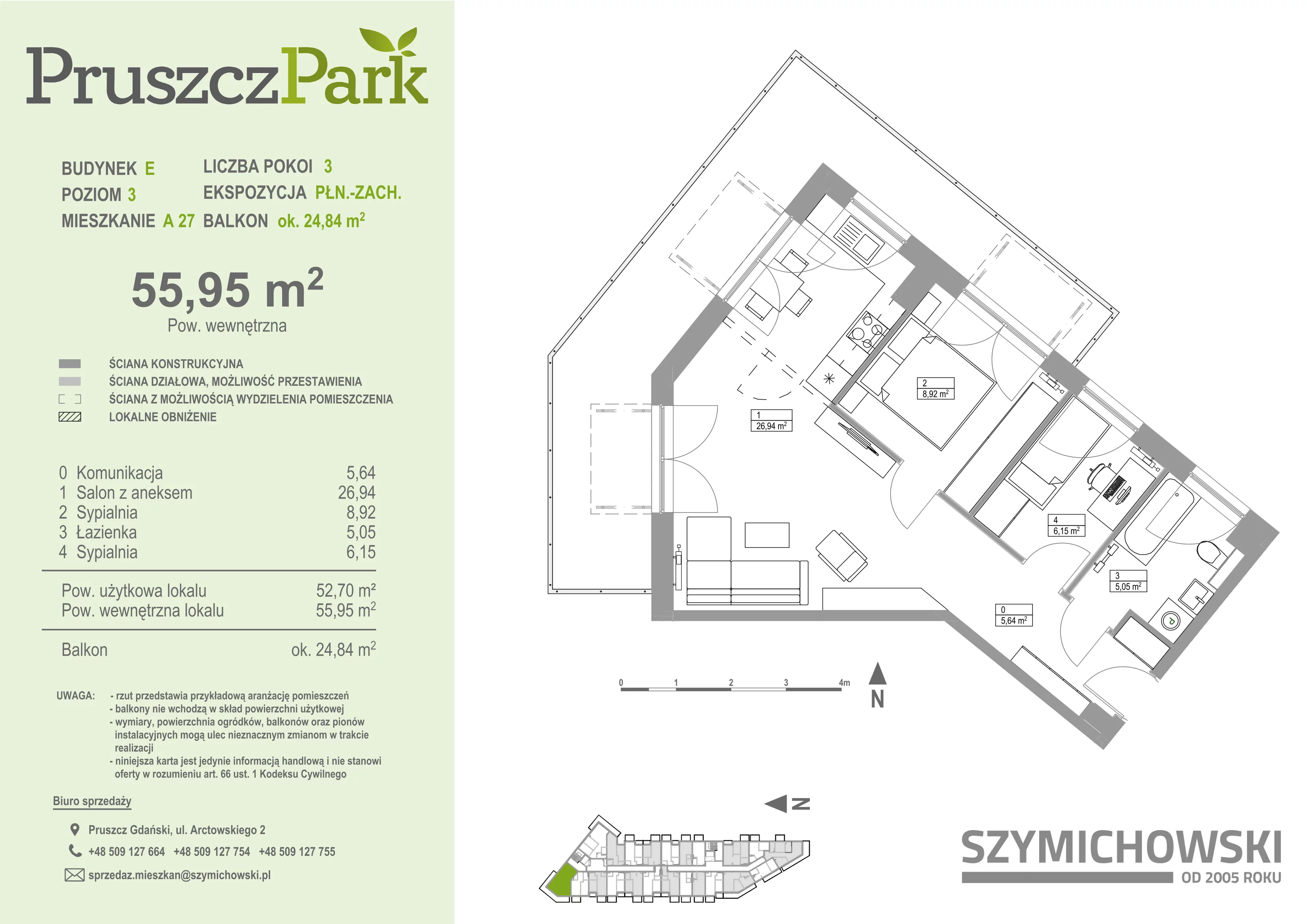 Mieszkanie 55,95 m², piętro 3, oferta nr E-A-27, Pruszcz Park, Pruszcz Gdański, ul. Arctowskiego 