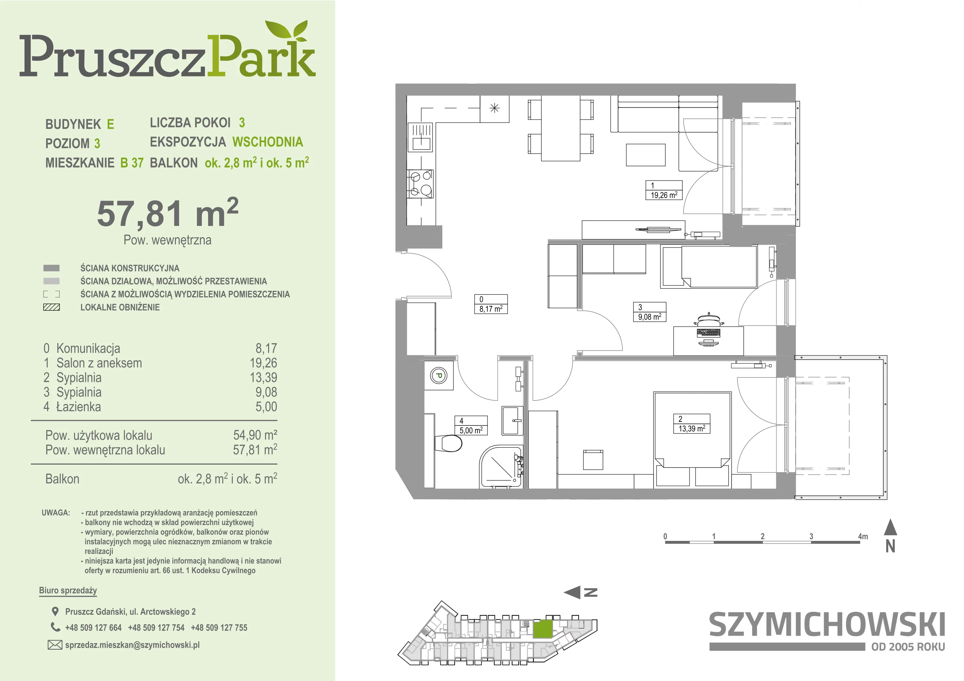 Mieszkanie 57,81 m², piętro 3, oferta nr E-B-37, Pruszcz Park, Pruszcz Gdański, ul. Arctowskiego 