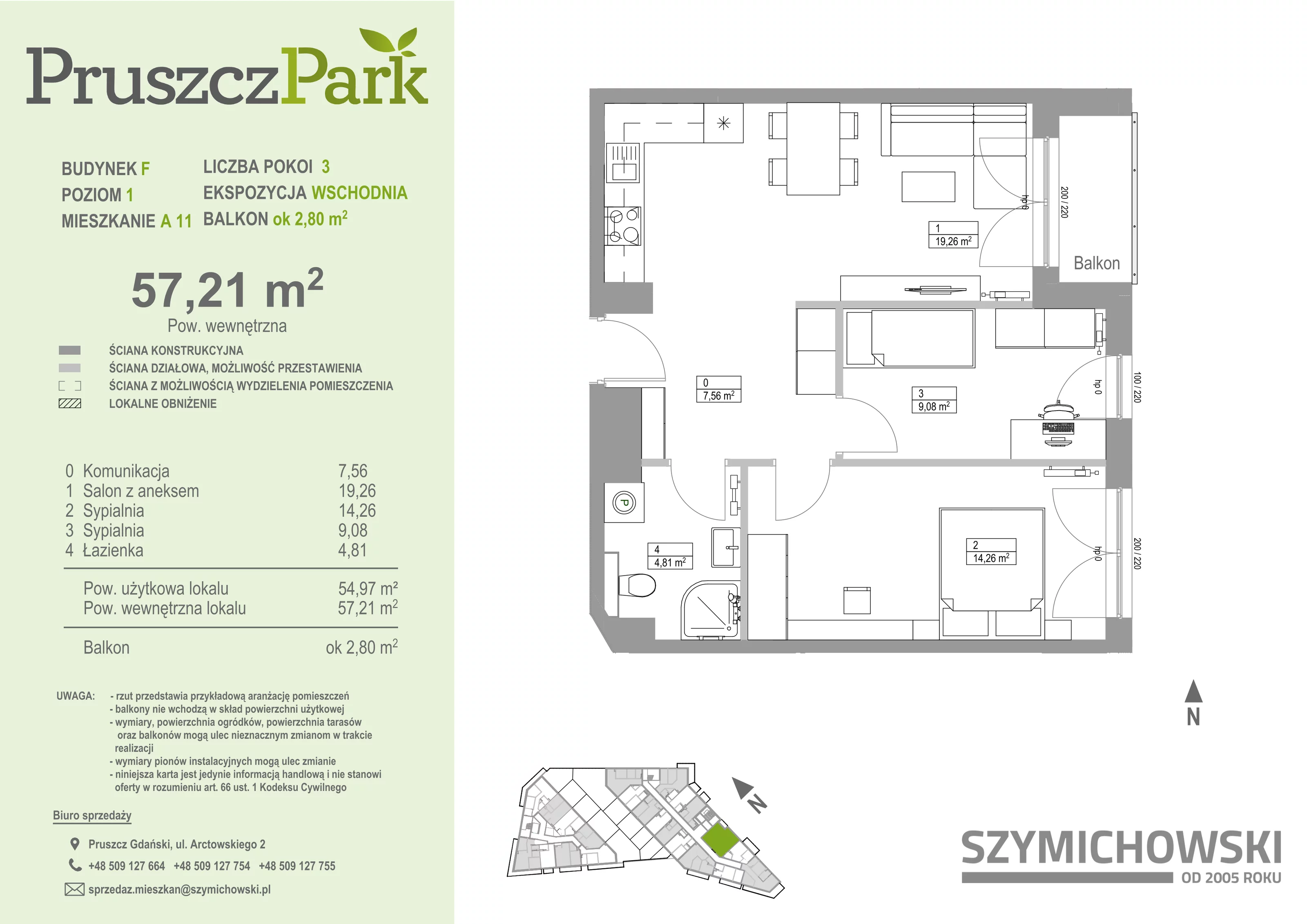 3 pokoje, mieszkanie 57,21 m², piętro 1, oferta nr F.A.11, Pruszcz Park - bud. F , Pruszcz Gdański, ul. Arctowskiego 