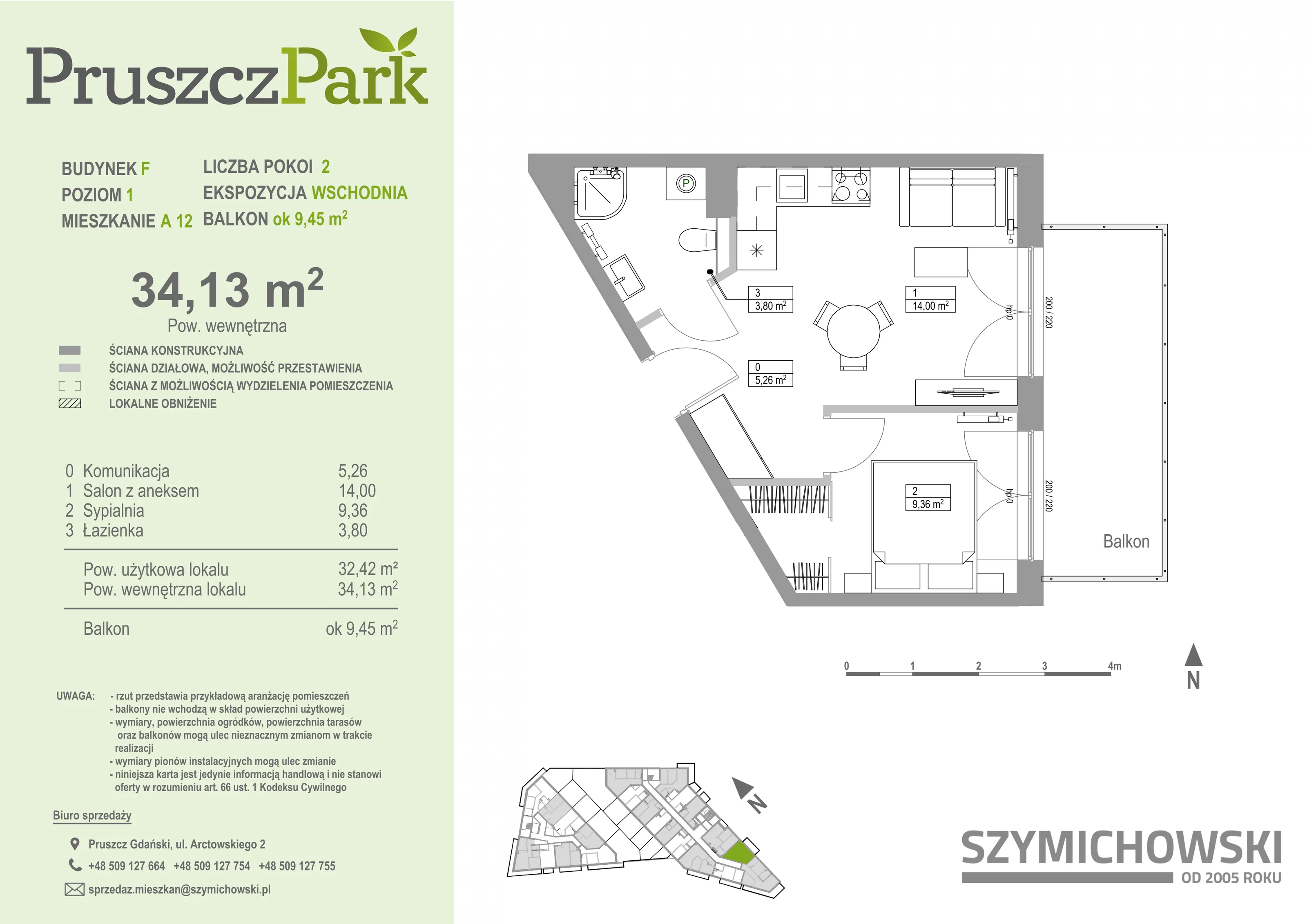 2 pokoje, mieszkanie 34,13 m², piętro 1, oferta nr F.A.12, Pruszcz Park - bud. F , Pruszcz Gdański, ul. Arctowskiego 