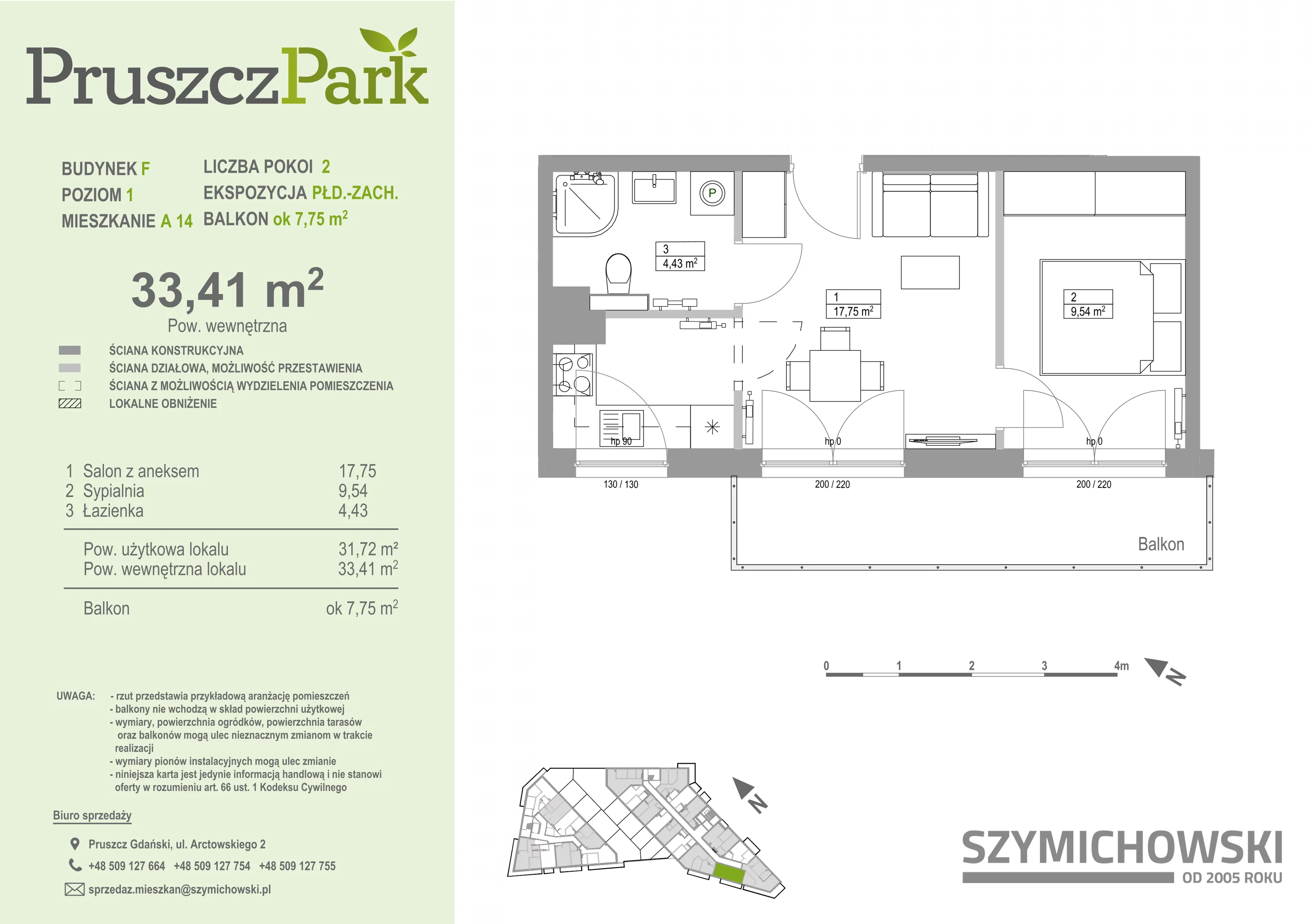2 pokoje, mieszkanie 33,41 m², piętro 1, oferta nr F.A.14, Pruszcz Park - bud. F , Pruszcz Gdański, ul. Arctowskiego 