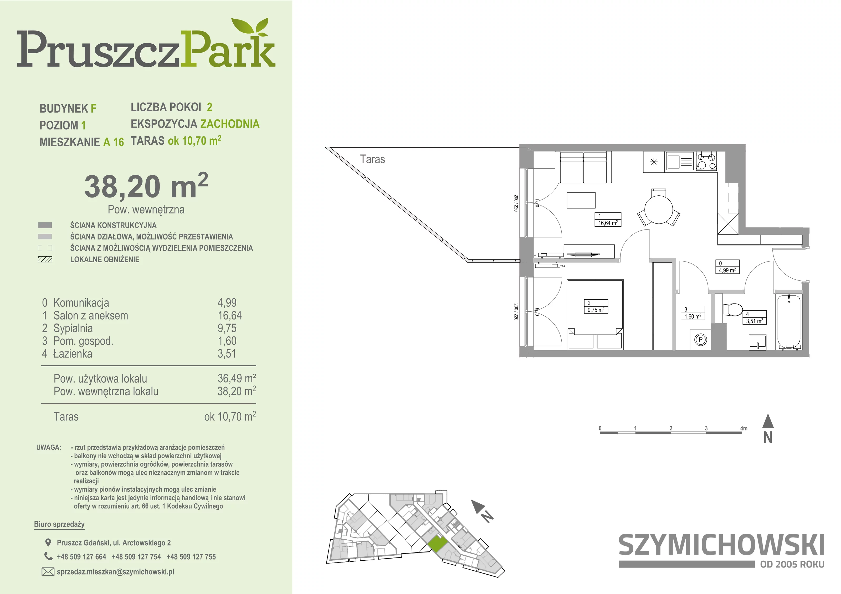 2 pokoje, mieszkanie 38,20 m², piętro 1, oferta nr F.A.16, Pruszcz Park - bud. F , Pruszcz Gdański, ul. Arctowskiego 
