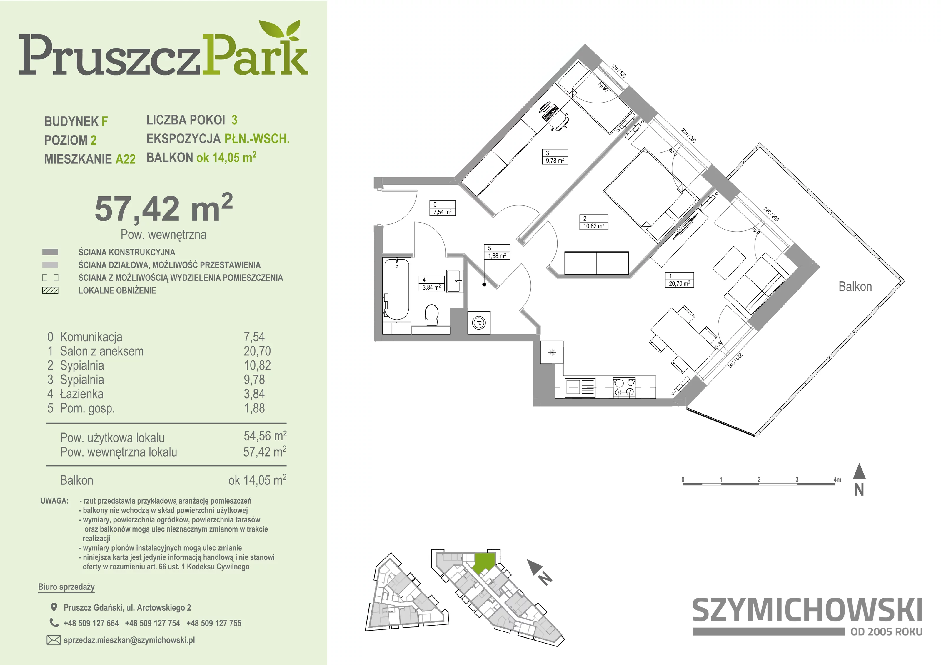 3 pokoje, mieszkanie 57,42 m², piętro 2, oferta nr F.A.22, Pruszcz Park - bud. F , Pruszcz Gdański, ul. Arctowskiego 
