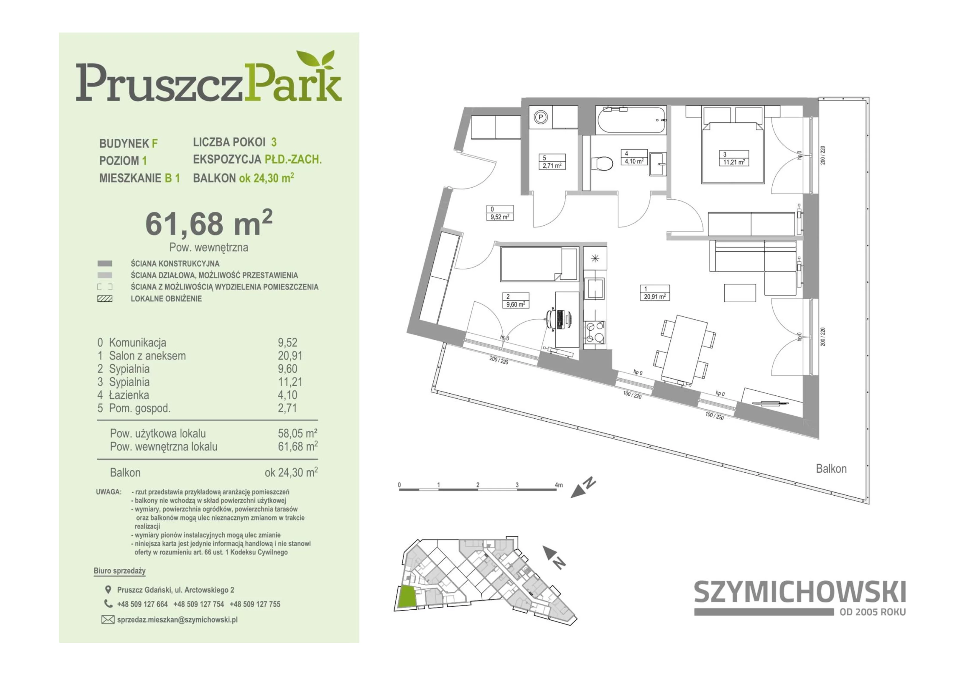 3 pokoje, mieszkanie 61,68 m², piętro 1, oferta nr F.B.1, Pruszcz Park - bud. F , Pruszcz Gdański, ul. Arctowskiego 