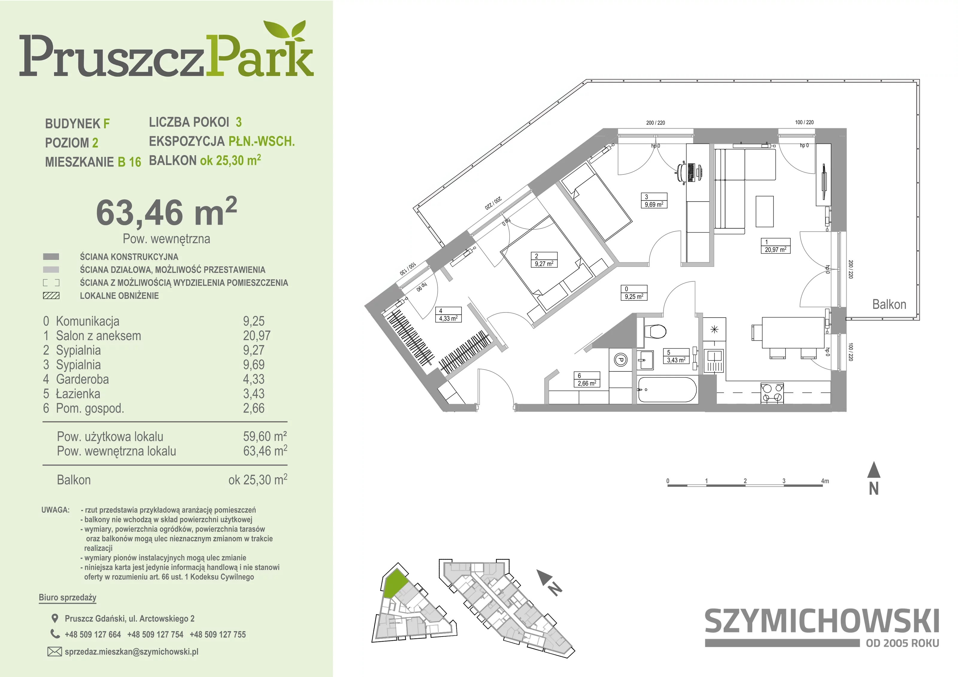 3 pokoje, mieszkanie 63,46 m², piętro 2, oferta nr F.B.16, Pruszcz Park - bud. F , Pruszcz Gdański, ul. Arctowskiego 