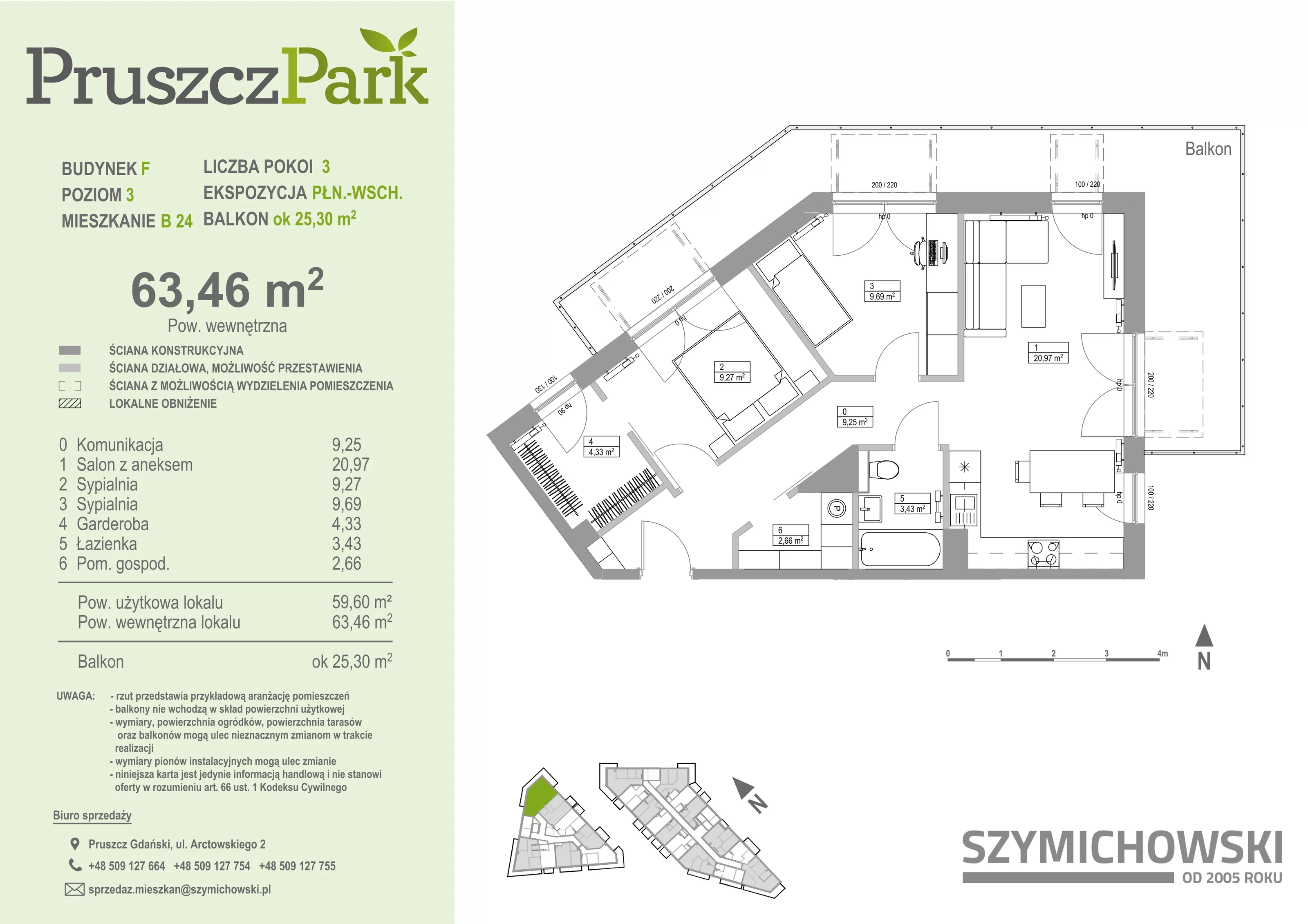 3 pokoje, mieszkanie 63,46 m², piętro 3, oferta nr F.B.24, Pruszcz Park - bud. F , Pruszcz Gdański, ul. Arctowskiego 