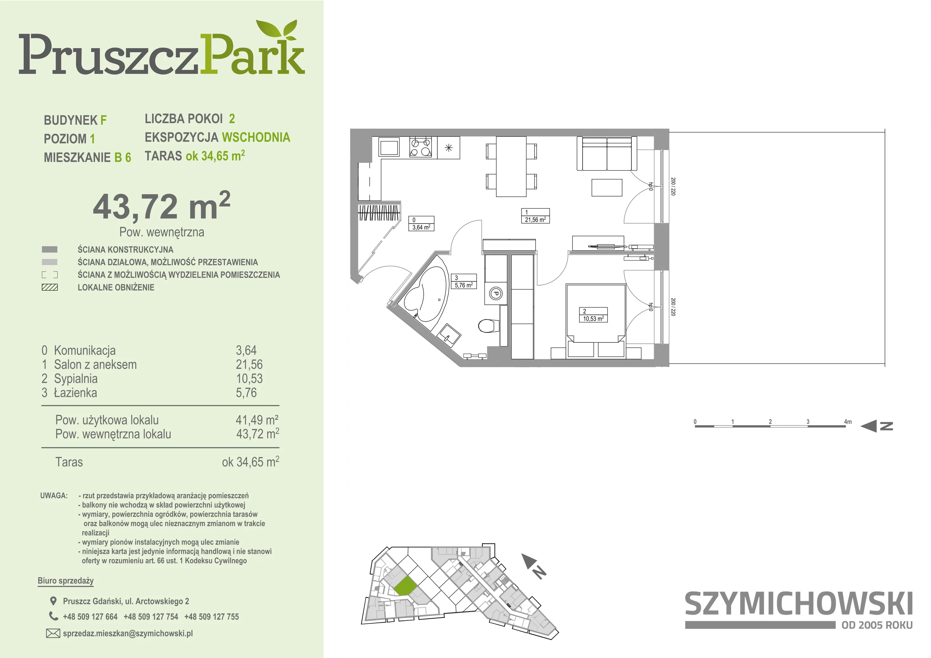 2 pokoje, mieszkanie 43,72 m², piętro 1, oferta nr F.B.6, Pruszcz Park - bud. F , Pruszcz Gdański, ul. Arctowskiego 