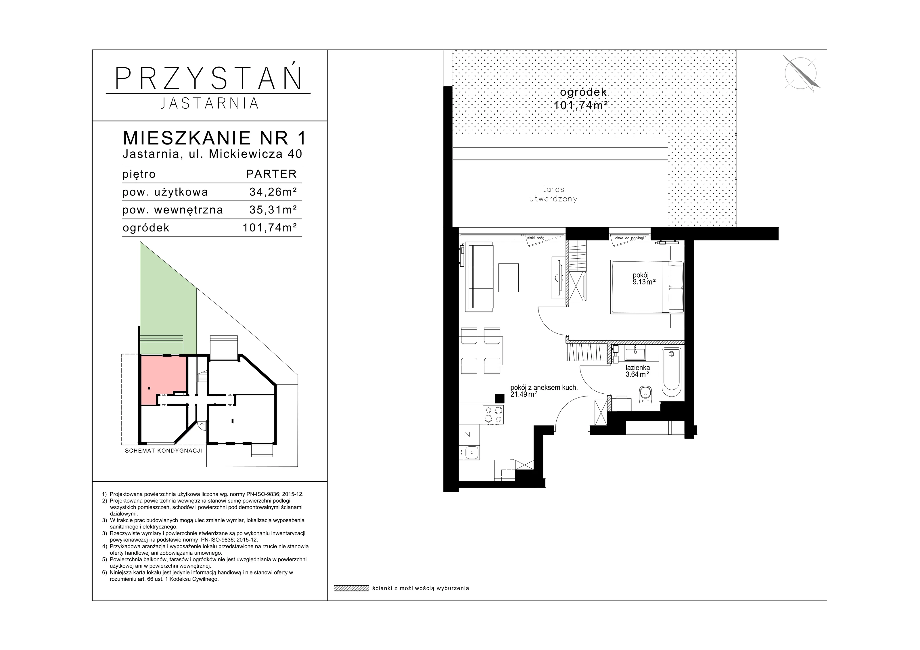 2 pokoje, apartament 34,26 m², parter, oferta nr 1, Przystań Jastarnia, Jastarnia, ul. Mickiewicza 40