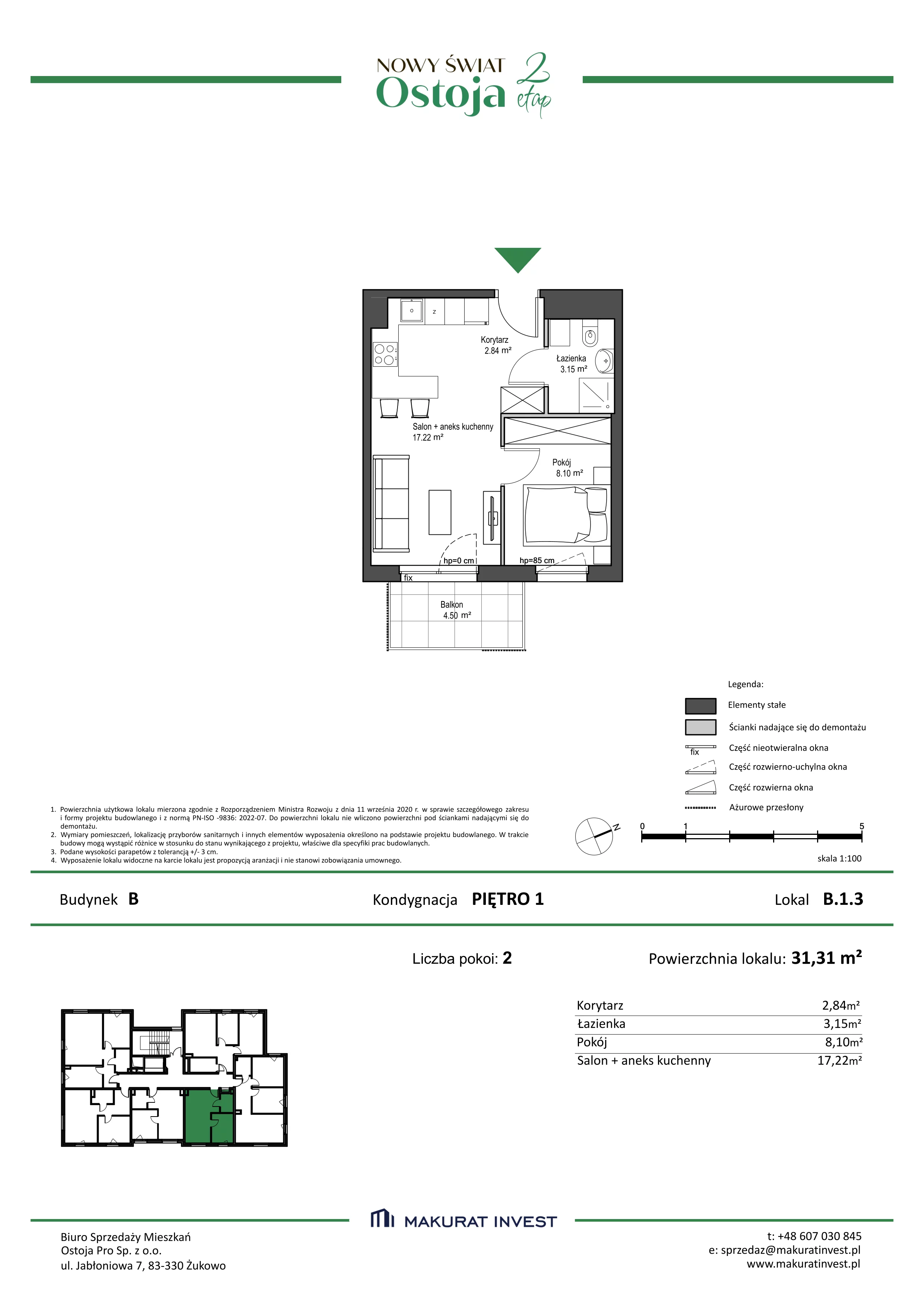 2 pokoje, mieszkanie 31,31 m², piętro 1, oferta nr B.1.3, Nowy Świat Ostoja II etap, Gdańsk, Barniewice, ul. Malinowa