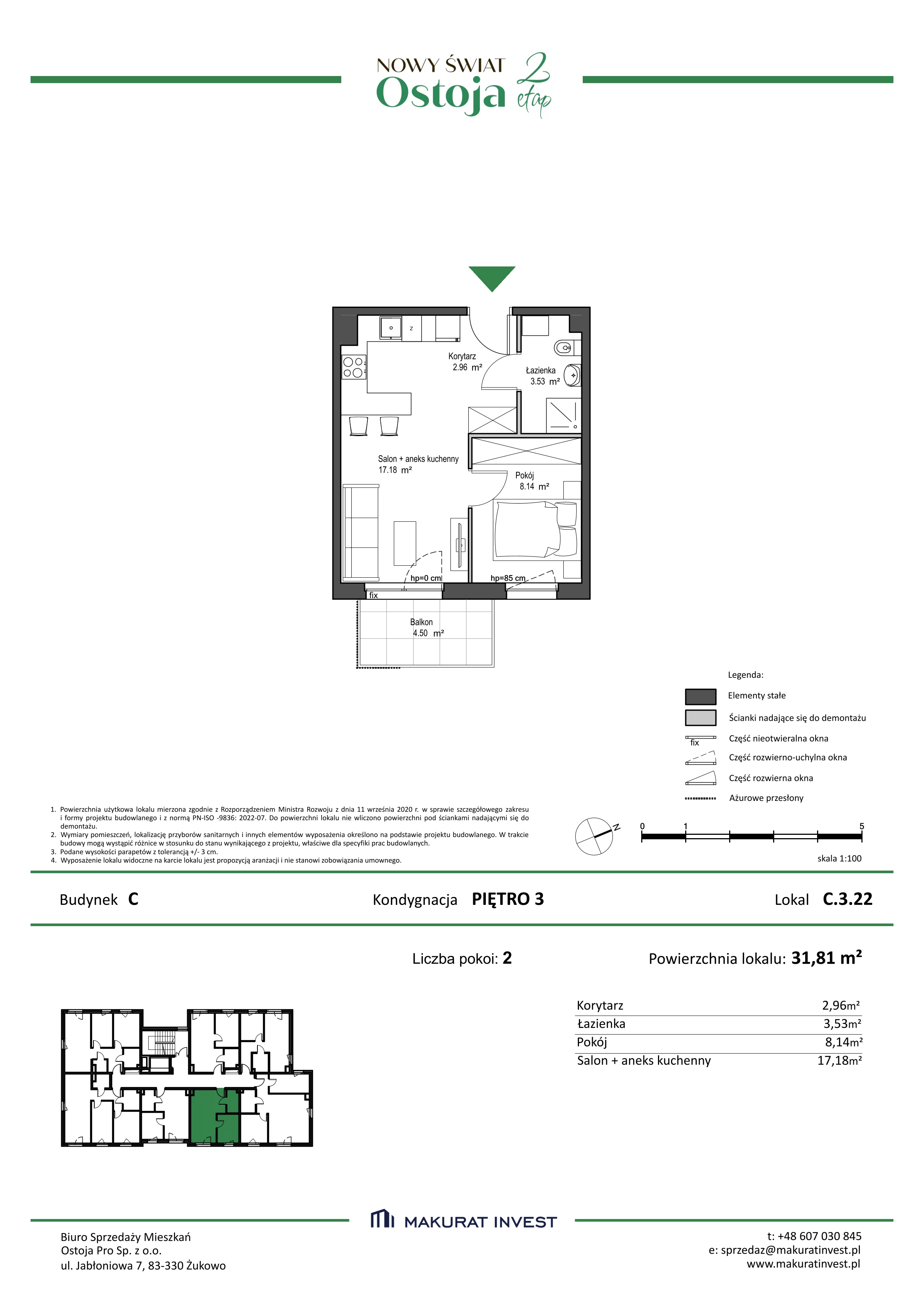 2 pokoje, mieszkanie 31,81 m², piętro 3, oferta nr C.3.22, Nowy Świat Ostoja II etap, Gdańsk, Barniewice, ul. Malinowa