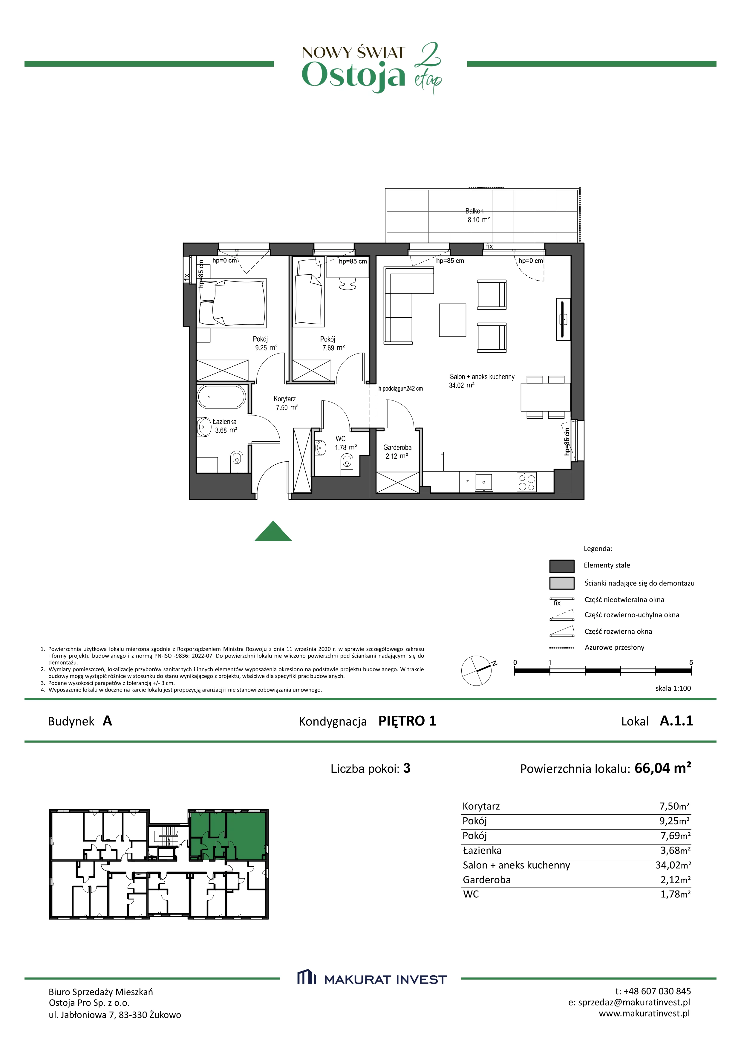 3 pokoje, mieszkanie 66,04 m², piętro 1, oferta nr A.1.1, Nowy Świat Ostoja II etap, Gdańsk, Barniewice, ul. Malinowa