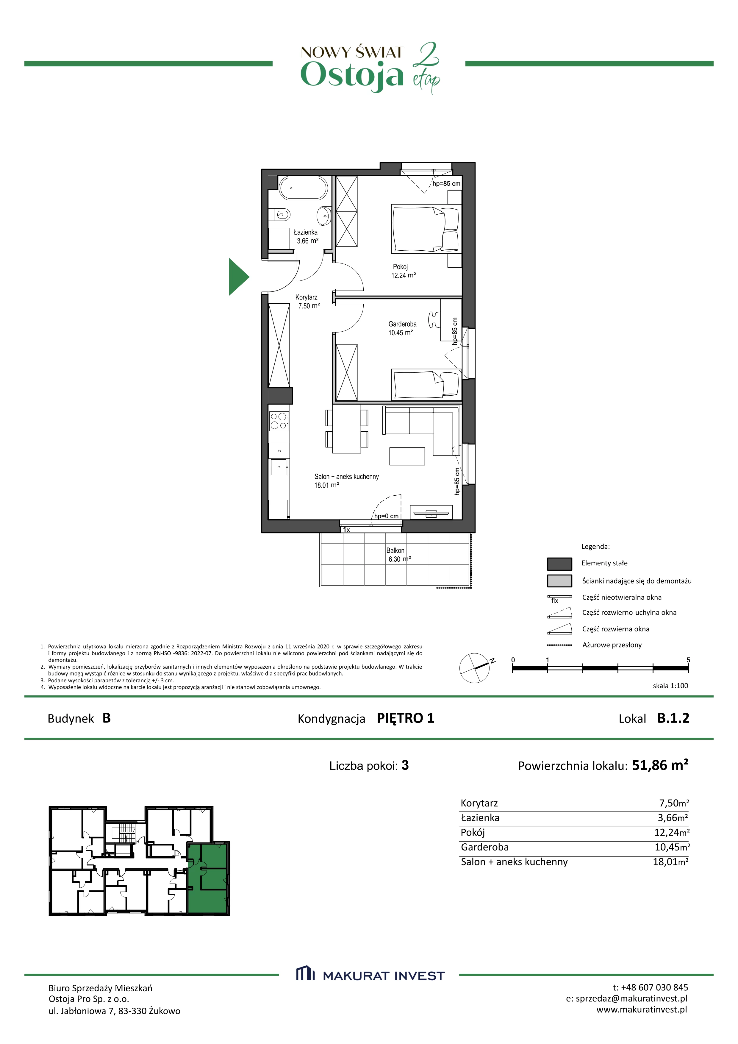 3 pokoje, mieszkanie 51,86 m², piętro 1, oferta nr B.1.2, Nowy Świat Ostoja II etap, Gdańsk, Barniewice, ul. Malinowa