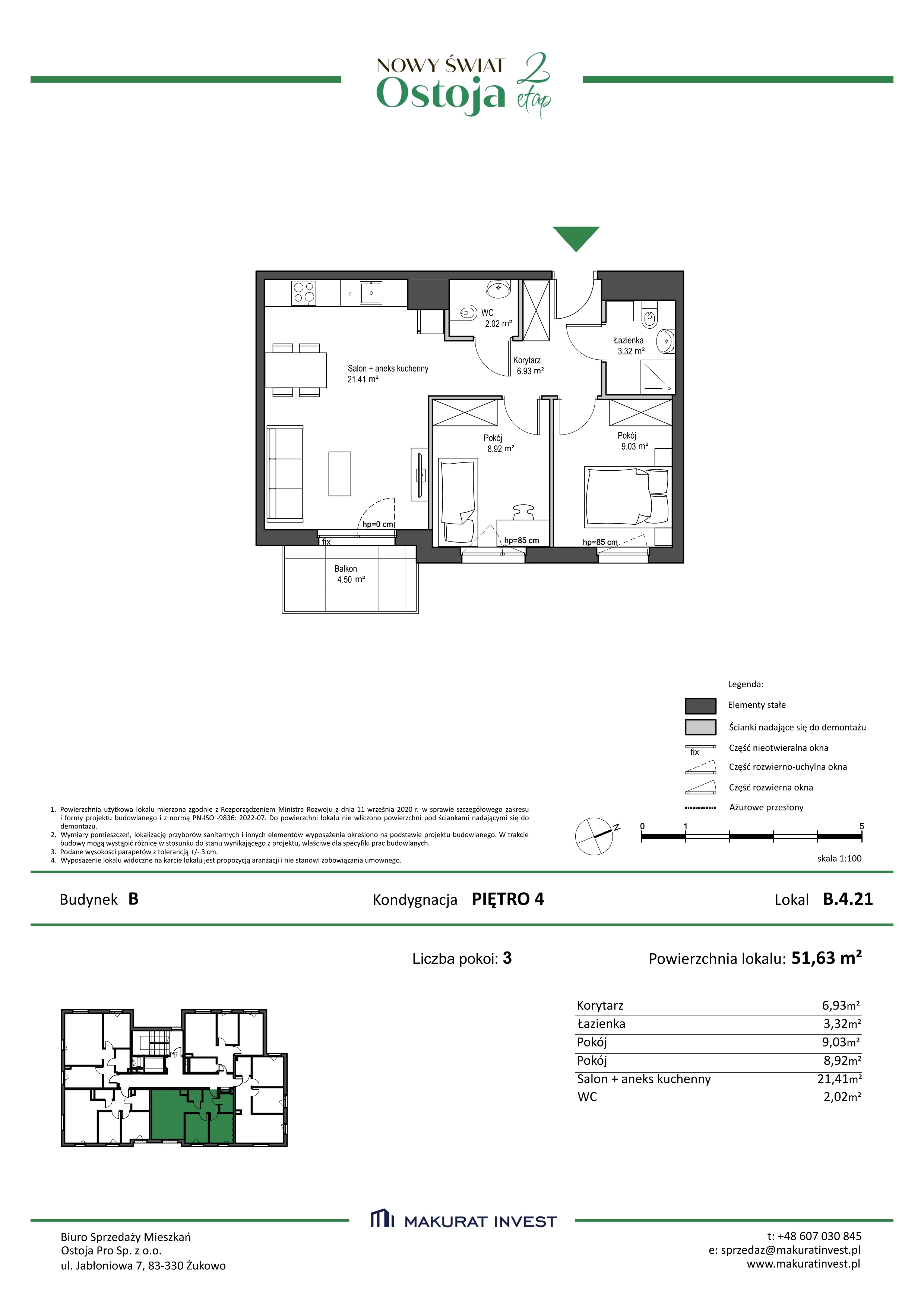 3 pokoje, mieszkanie 51,63 m², piętro 4, oferta nr B.4.21, Nowy Świat Ostoja II etap, Gdańsk, Barniewice, ul. Malinowa