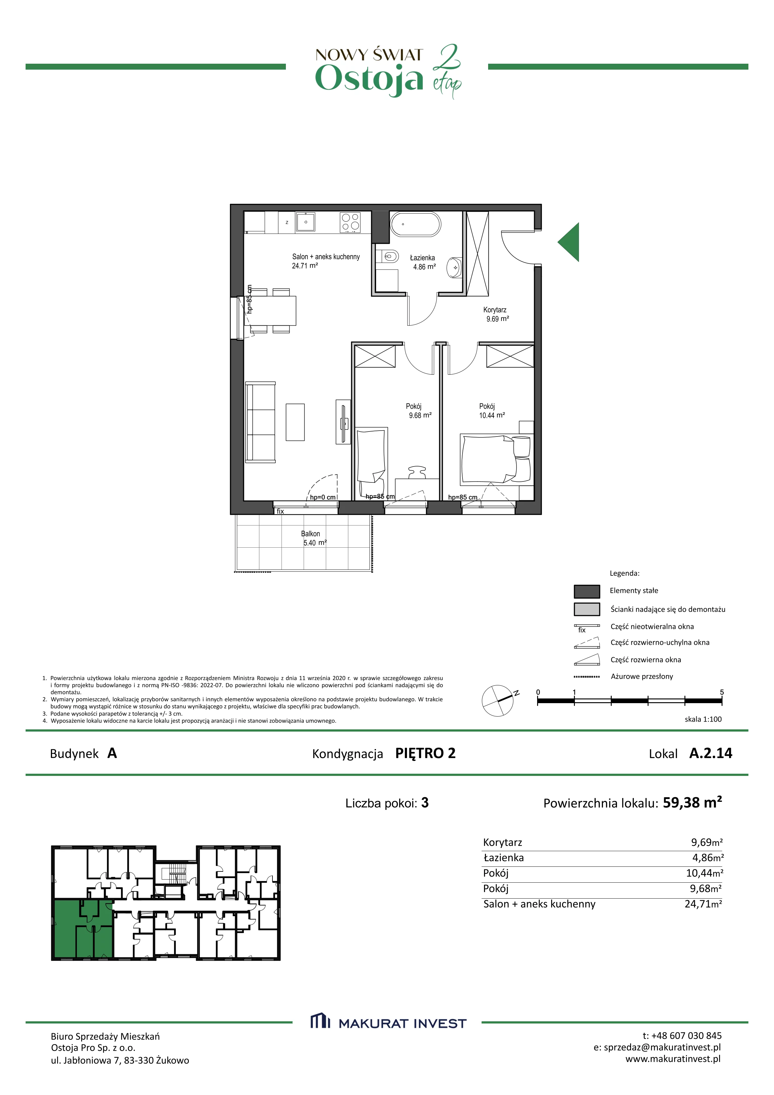 3 pokoje, mieszkanie 59,38 m², piętro 2, oferta nr A.2.14, Nowy Świat Ostoja II etap, Gdańsk, Barniewice, ul. Malinowa