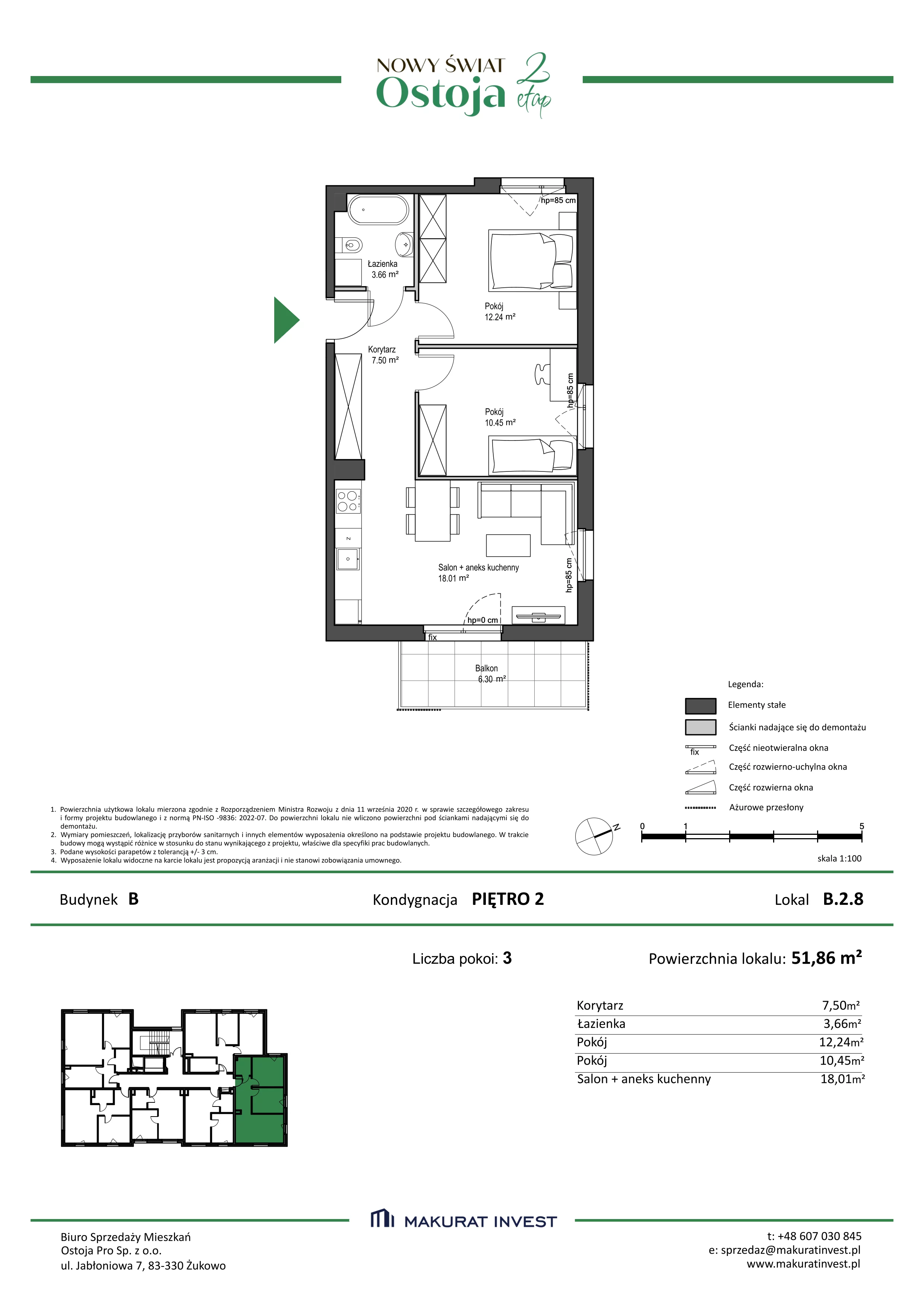3 pokoje, mieszkanie 51,86 m², piętro 2, oferta nr B.2.8, Nowy Świat Ostoja II etap, Gdańsk, Barniewice, ul. Malinowa
