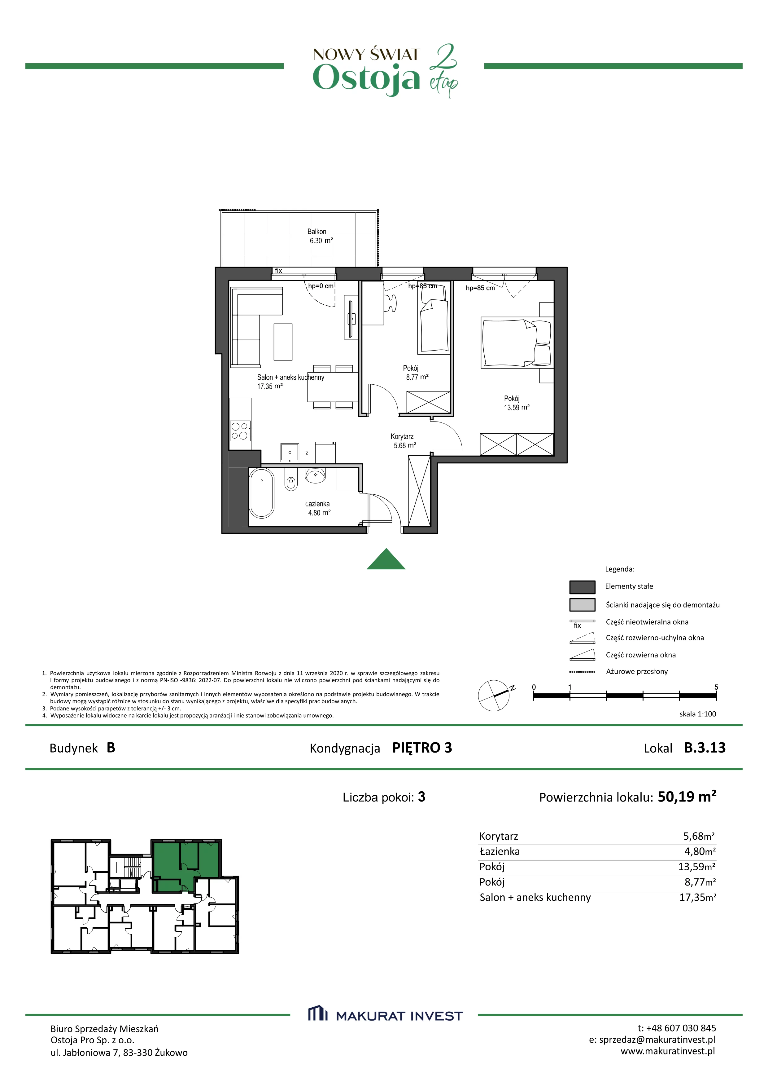 3 pokoje, mieszkanie 50,19 m², piętro 3, oferta nr B.3.13, Nowy Świat Ostoja II etap, Gdańsk, Barniewice, ul. Malinowa