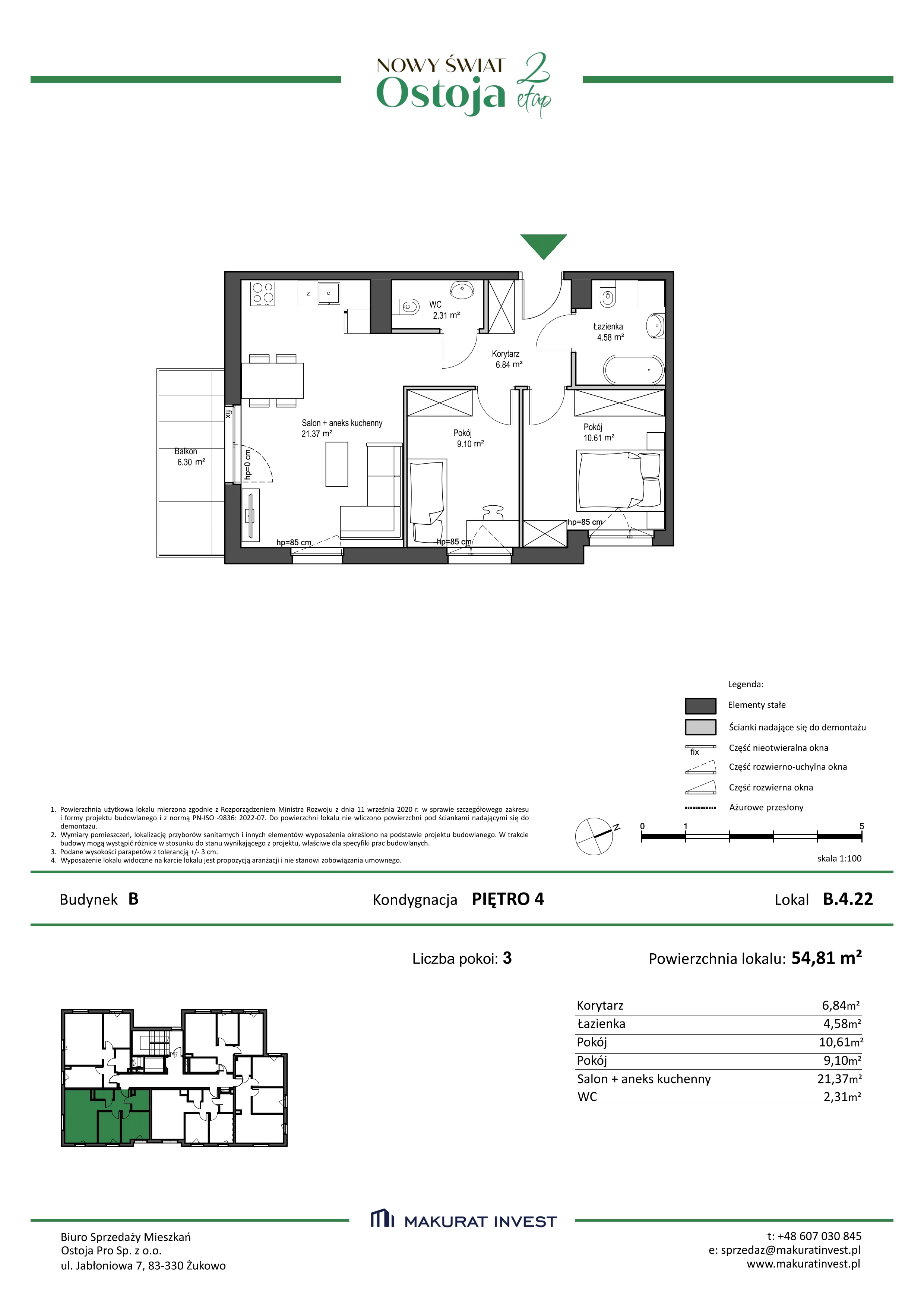 3 pokoje, mieszkanie 54,81 m², piętro 4, oferta nr B.4.22, Nowy Świat Ostoja II etap, Gdańsk, Barniewice, ul. Malinowa